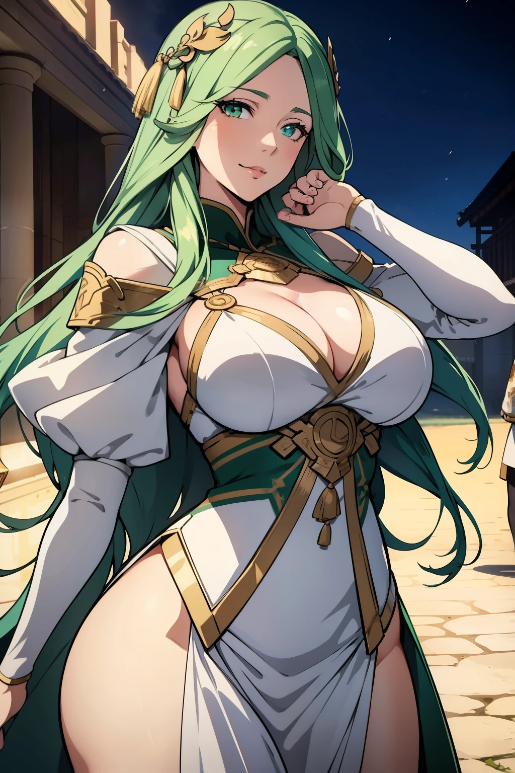 An anime-style artwork depicting rhea from the game Fire Emblem: Three Houses.

Tags: rhea, anime, detailed eyes, detailed lips, green hair, white dress, smiling expression, intense gaze, glowing emblem on hand, dynamic pose, mystical background, vibrant colors, digital art, high-resolution, professional quality, gigantic breasts, cleavage.