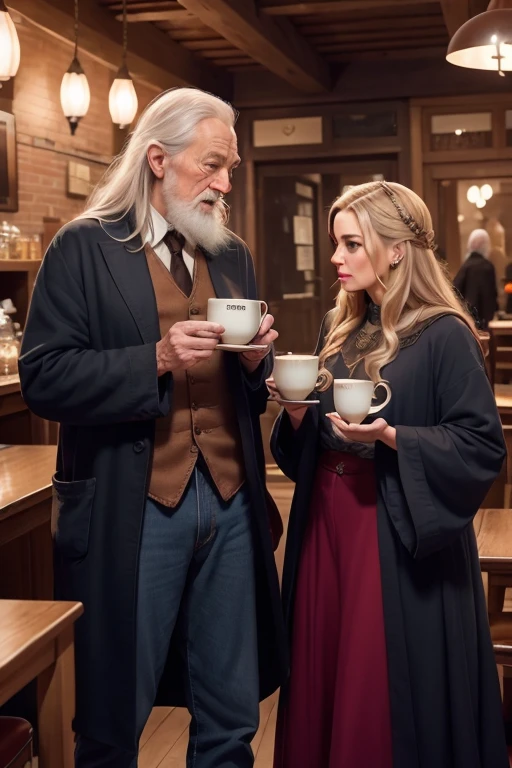 ((best quality)), ((masterpiece)), (detailed), perfect face Gandalf and Dumbledore, old, white haired, wizards, sipping tea at Daigon Alley