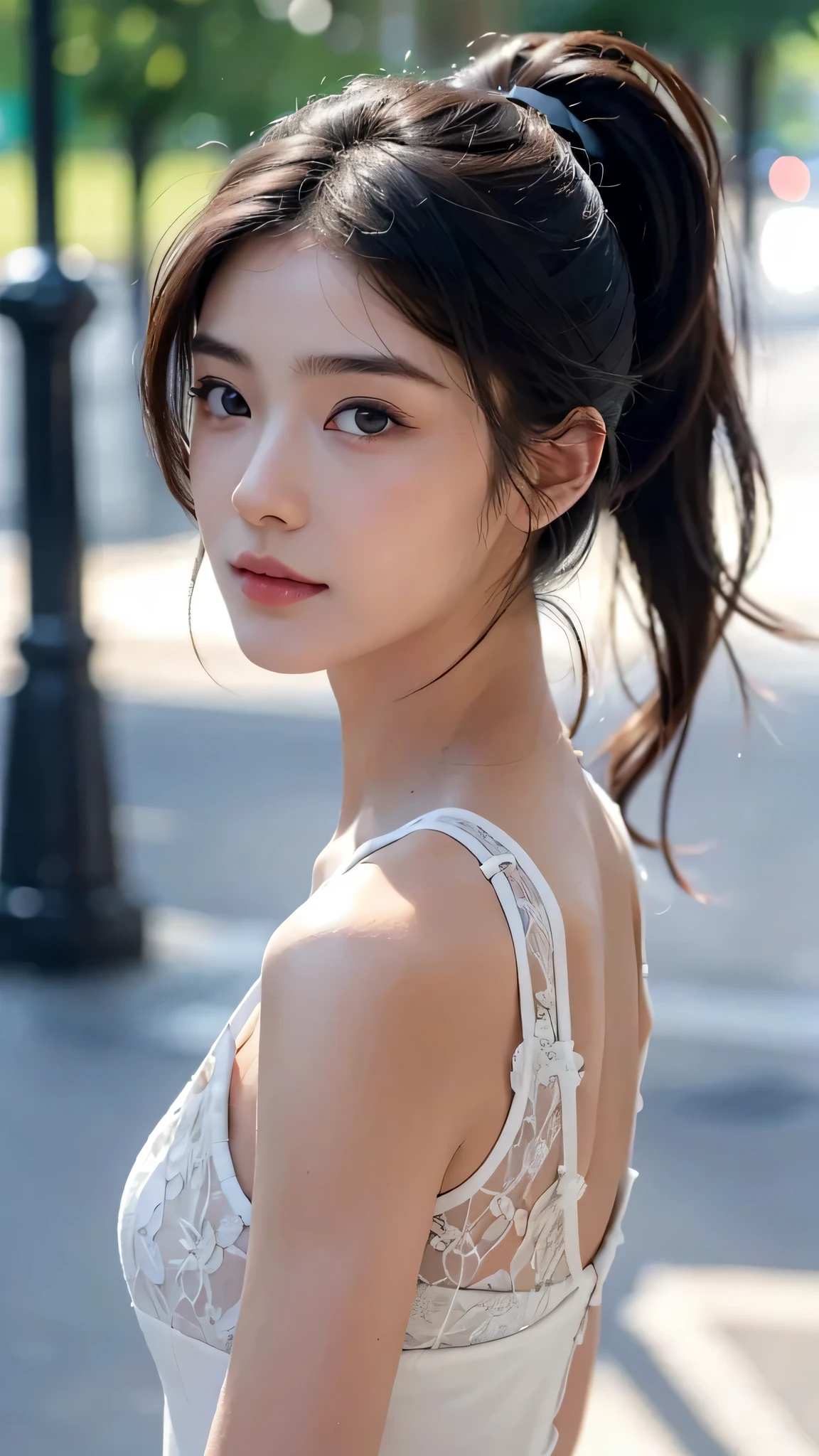 One woman,fully body photo,masutepiece, The highest image quality, High quality, the background is clear，Beautiful woman, Japanese, Detailed, Detailed eyes, Detailed skin, Beautiful skin, 超hight resolution, (reality: 1.4),Very beautiful woman, Slightly younger face, Beautiful skin, slender, (Ultra photo realsisim), (hight resolution), (8K), (Very detailed) (beautifully detailed eyes), (super detailed),   (Detailed face), view the viewer, Fine details, Detailed face, Staring straight ahead, Staring straight ahead, photos realistic, Bright lighting, Professional Lighting, Black hair,poneyTail,a baby face,sixteen years old,Hairstyle is ponytail,long ponytail hairstyle,slight smile,wearing business suit,the street europian,