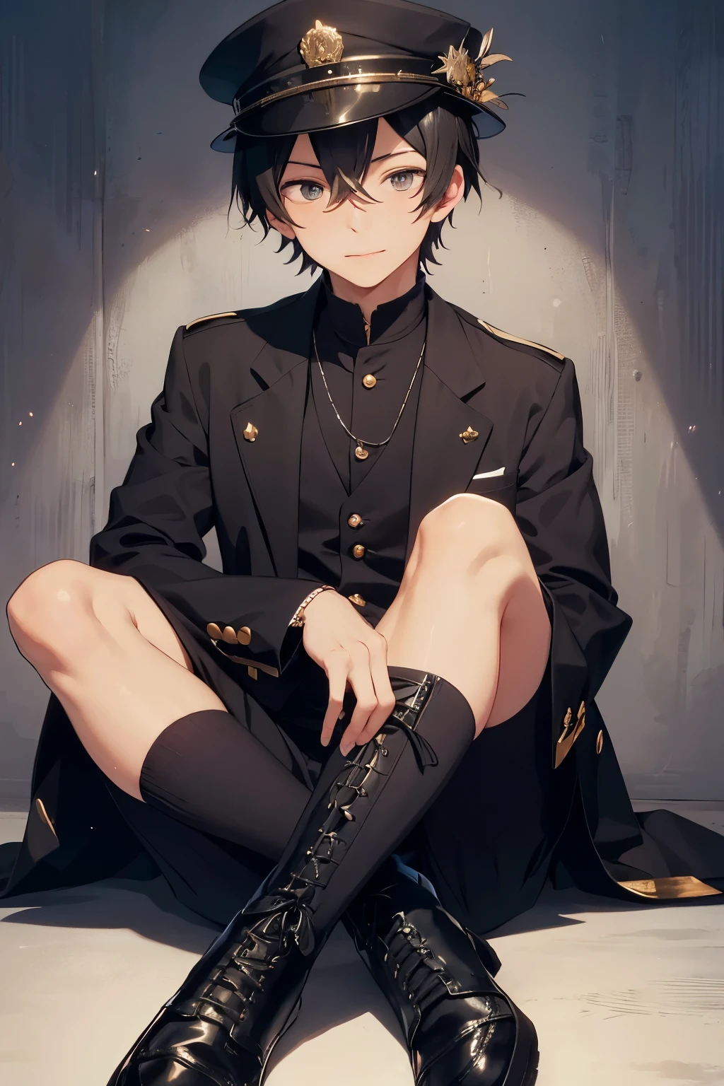 Zenkichi Tetsugaku, a -yeld boith a black school uniform featuring five bronze buttons and a pocket on the right chest, radiated a joyful expression as he sat crossed-legged on the lush grass. His jet-black hair, styled in a trendy undercut, framed his circular eyes that gleamed with enthusiasm. The simple art style of the illustration accentuated his full body, showcasing every detail from his combat boots to his outstretched hands. Transported back in time to the early 20th century, Zenkichi donned a Greek peaked hat, adding an extra layer of charm and sophistication to his appearance. His wide smile spread