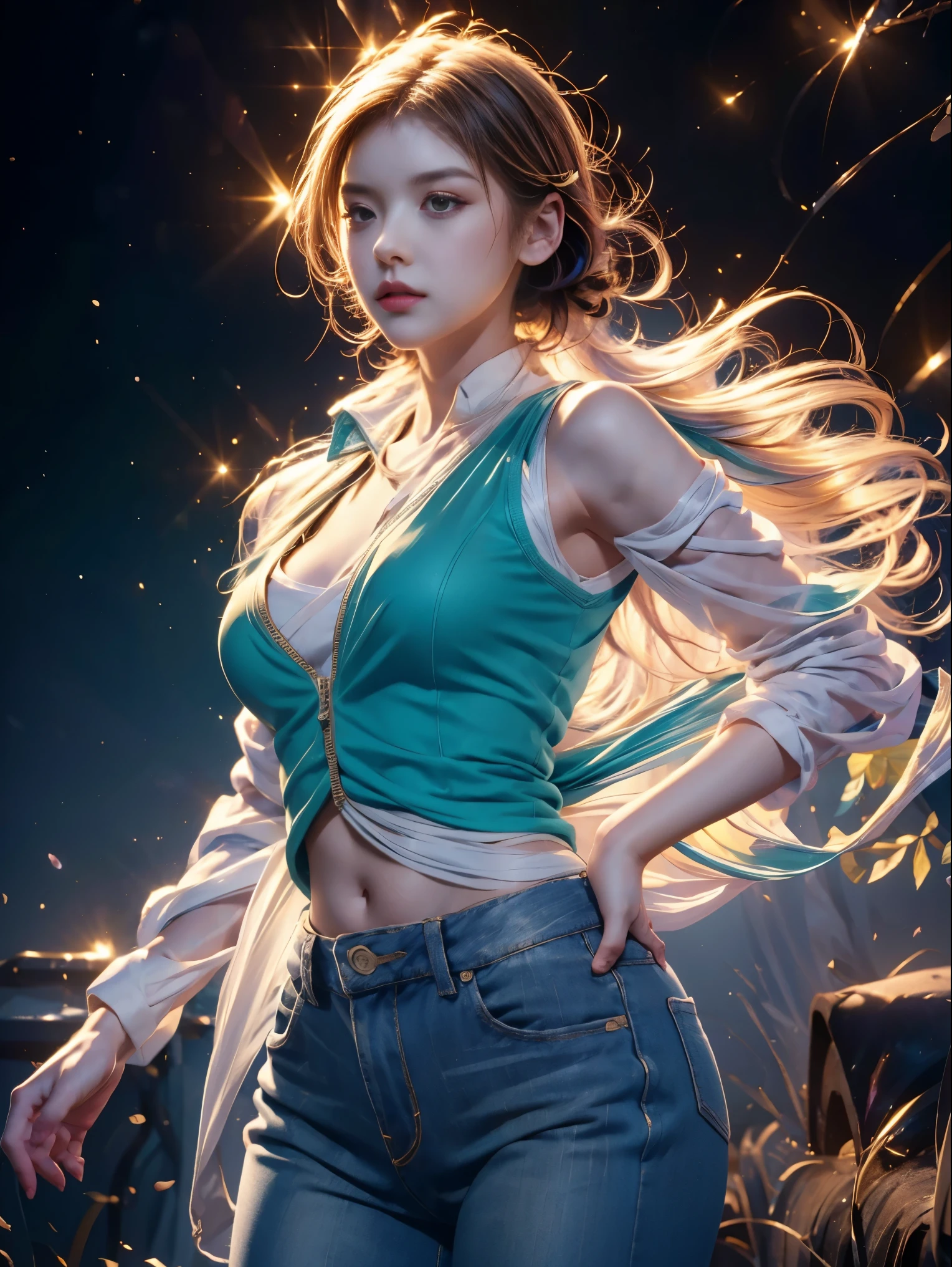 character anime person, whole body, Permanently installed, Strong, long golden hair, ((design sketches)), (masterpiece), Very detailed, (original design reserved), (Random pose), leader, (unique accessories), (clothing, green vest, jeans), (bearded face) Professionally retouched, White background, (woman: 1.1) martial arts, Parkour (考萨jeans r: 0.8), (dirty: 1.1), (move: 0.8), (young: 1.3), (sprint: 0.6) (silent hill concept) (resident evil concept)  