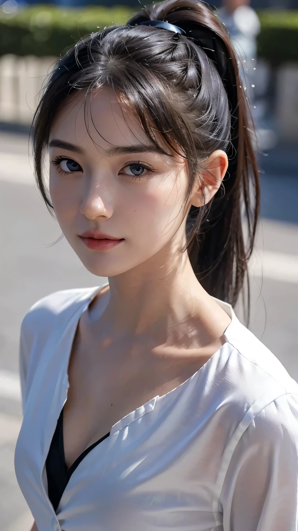 One woman,fully body photo,masutepiece, The highest image quality, High quality, the background is clear，Beautiful woman, Japanese, Detailed, Detailed eyes, Detailed skin, Beautiful skin, 超hight resolution, (reality: 1.4),Very beautiful woman, Slightly younger face, Beautiful skin, slender, (Ultra photo realsisim), (hight resolution), (8K), (Very detailed) (beautifully detailed eyes), (super detailed),   (Detailed face), view the viewer, Fine details, Detailed face, Staring straight ahead, Staring straight ahead, photos realistic, Bright lighting, Professional Lighting, Black hair,poneyTail,a baby face,sixteen years old,Hairstyle is ponytail,long ponytail hairstyle,slight smile,wearing business suit,the street europian,