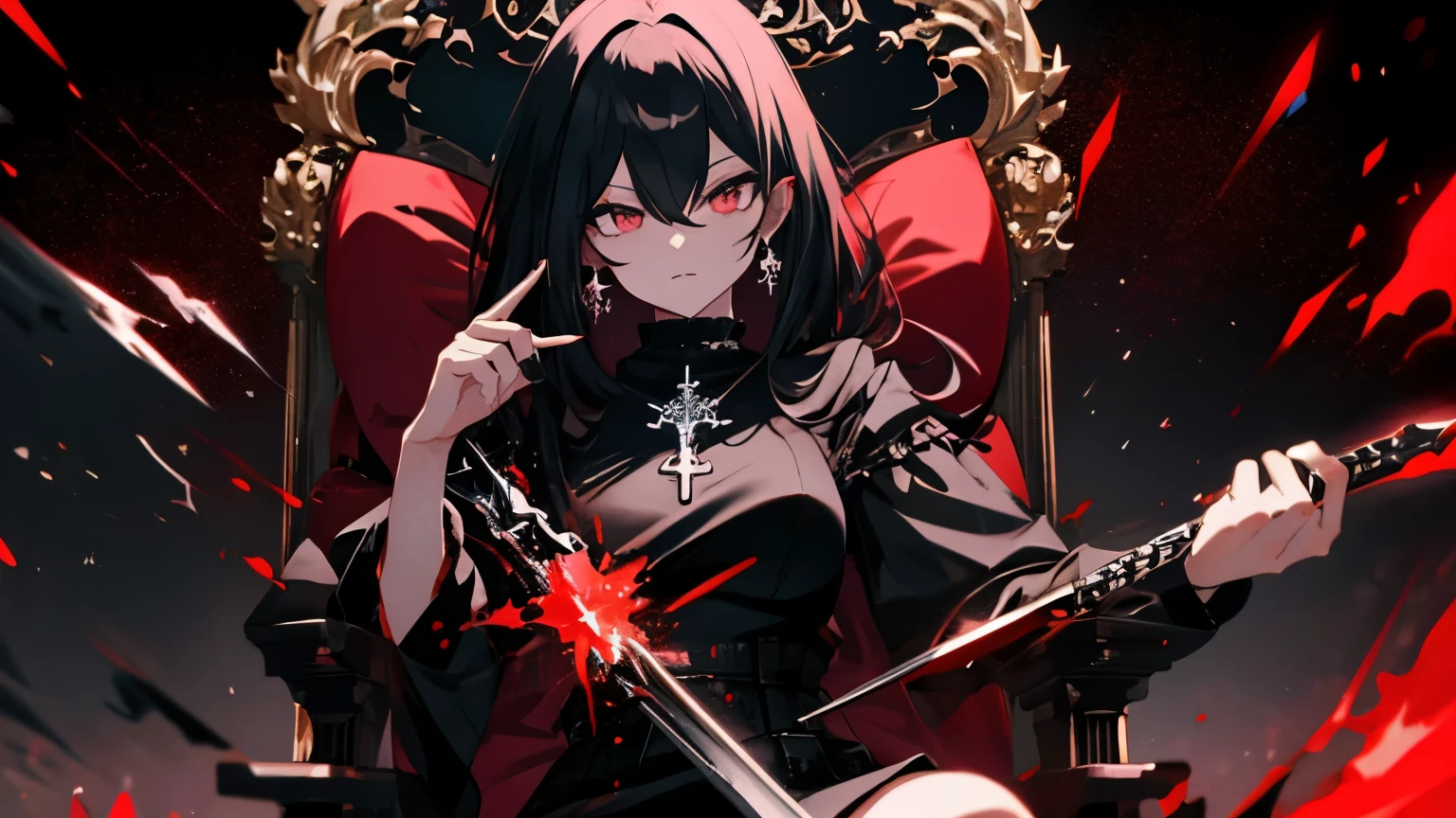 sit on a gothic chair, cross your legs、long black hair, aurora, knot choker, medium breasts, red ruby pendant, glowing , red magic, put your hand on your mouth, messy hair, mature woman, beautiful black eyeliner, close, Clothes, beautiful sense of superiority,red long dress, Shining fist, night, standing in an open field, sword in red hand.Big Red Sword,South Korea,nightの背景