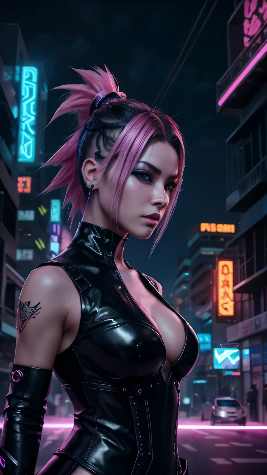 cyber punk digital art of a neon lit city with a samurai figure highlighting the contrast between traditional and futuristic 4k highly detailed digital art, 8k stunning artwork, beautiful and gorgeous woman, dominating face, mohawk haristyle, platinum hair, perfect face, perfect body, perfect pale, lying face-up, cenital