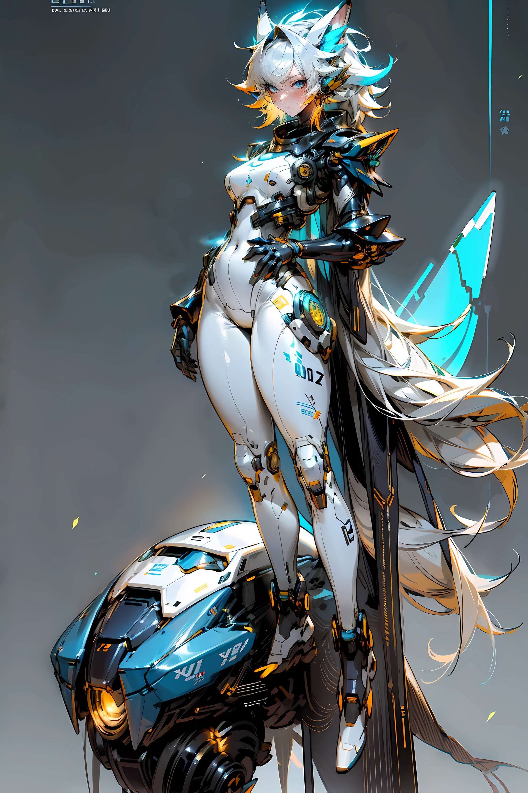 sci-fi fox girl,fox girl,metallic feel,shining silver armor,glowing neon lights,science fiction theme,Colorful futuristic background,masterpiece:1.2,Super detailed,actual:1.37,portrait,Cool blue tones,stunning lighting,whole body,Perfect body