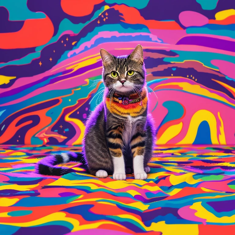 Pixel art,Cat,anger,the background is magnificent,Colorful fur,bold color pattern,One animal,miracle,future map