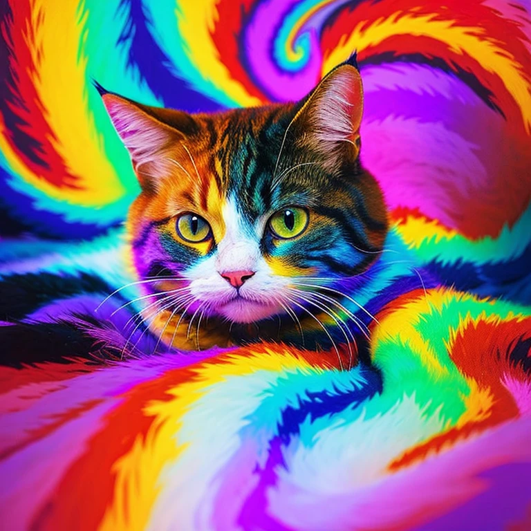 Pixel art，Cat，anger，the background is magnificent，Colorful fur，bold color pattern，One animal，miracle，future map