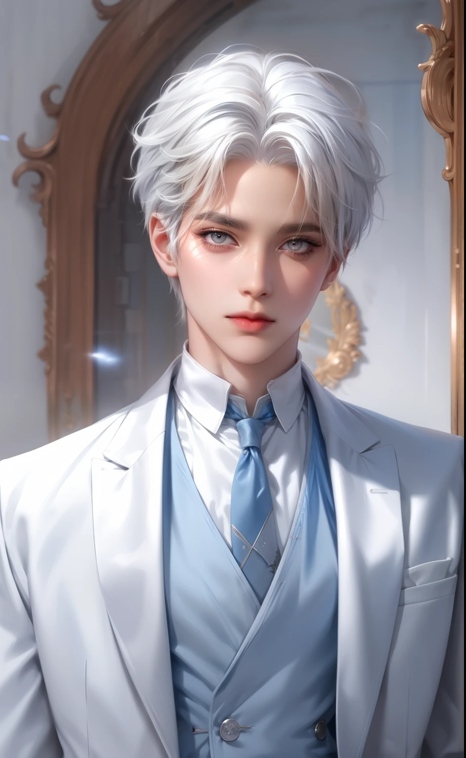 Boy, white hair, blue eyes, serious sharp features, white skin, shirt, jacket