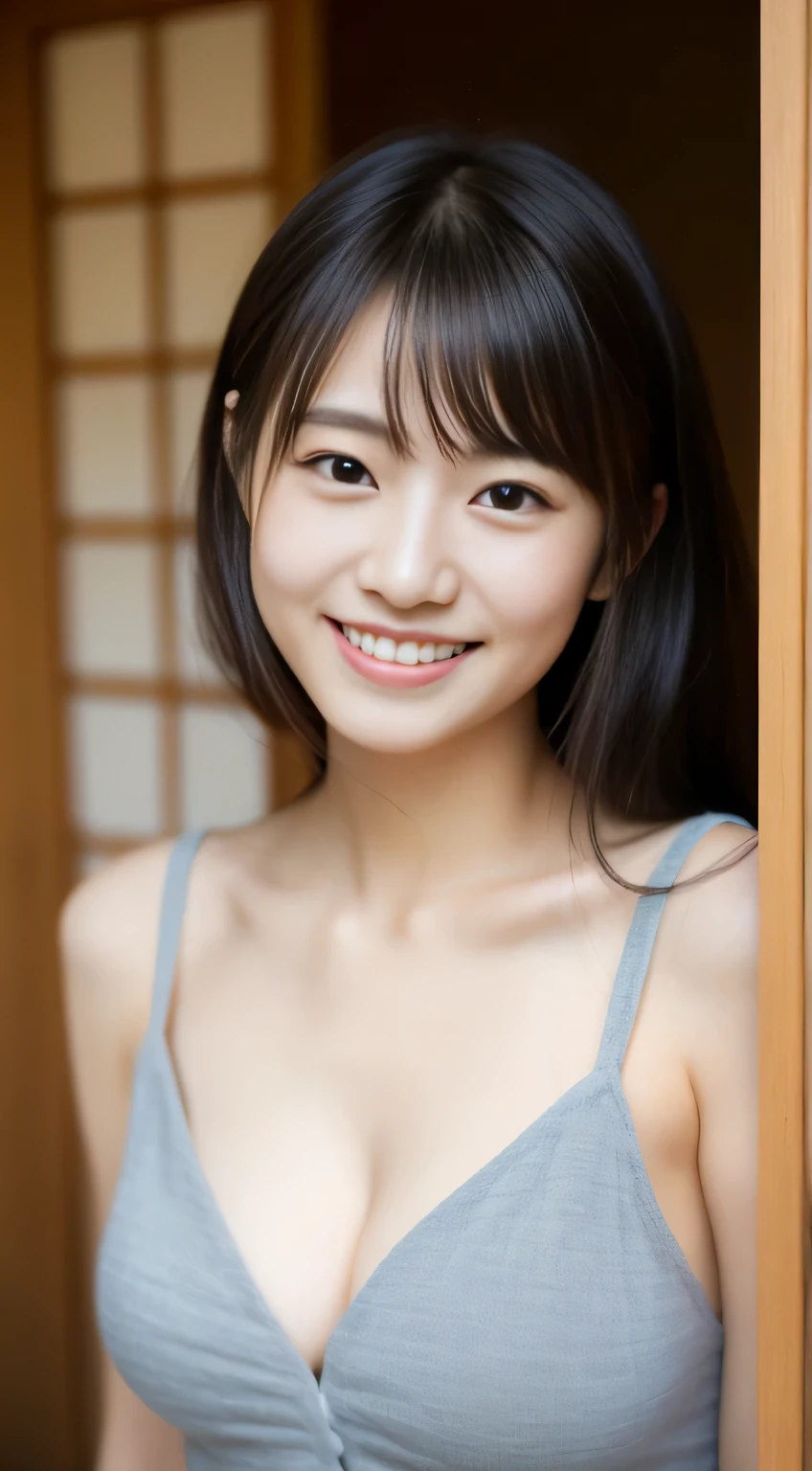 masterpiece,best quality,(Japanese ),((Beautiful girl)),cleavage,indoor,(perfect body beauty:1.2),(shy smile),beautiful teeth,