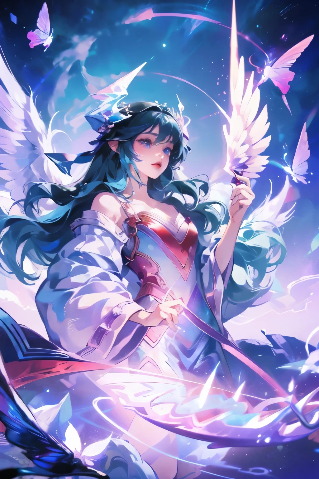 anime girl with butterfly wings and blue dress holding a butterfly, fantasy art style, beautiful character painting, by Yang J, beautiful young wind spirit, beautiful fantasy anime, 8k high quality detailed art, with beautiful wings, beautiful fantasy art, beautiful digital artwork, digital fantasy art ), a beautiful fantasy empress, artwork in the style of guweiz, by Li Song