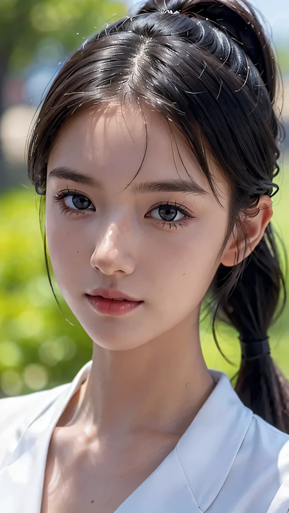 One woman,fully body photo,masutepiece, The highest image quality, High quality, the background is clear,Beautiful woman, Japanese, Detailed, Detailed eyes, Detailed skin, Beautiful skin, 超hight resolution, (reality: 1.4),Very beautiful woman, Slightly younger face, Beautiful skin, slender, (Ultra photo realsisim), (hight resolution), (8K), (Very detailed) (beautifully detailed eyes), (super detailed), (Detailed face), view the viewer, Fine details, Detailed face, Staring straight ahead, Staring straight ahead, photos realistic, Bright lighting, Professional Lighting, Black hair,poneyTail,a baby face,sixteen years old,Hairstyle is ponytail,long ponytail hairstyle,slight smile,wearing business suit,the street europian,