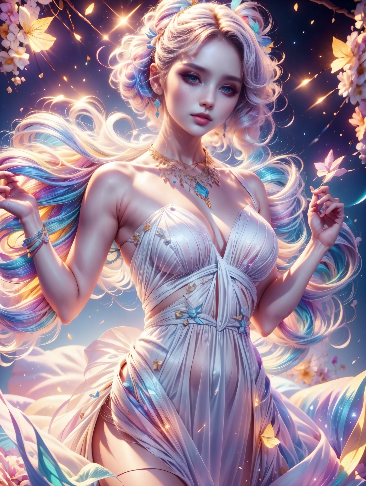 best quality,masterpiece,high resolution,1 girl,((Wearing a plush dress)),hair accessories,necklace,jewelry,pretty face,above,Tyndall effect,lifelike,dark studio,edge lighting,Two colors of lights,(High detail skin:1.2), 8K uhd, SLR camera, Soft lighting, high quality, Volumetric lighting, frank, photore, high resolution, 8K, Bokeh, blond,