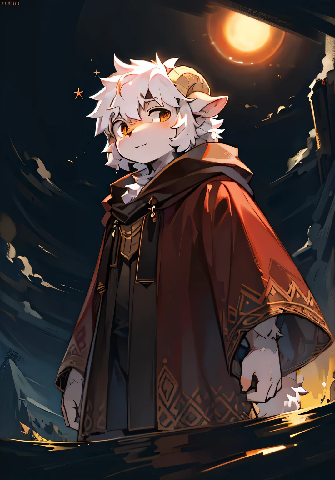(Dark environment 0.8),masterpiece,high quality,many details,The Art of math,The blazing sun covers the sea,dusk,hairy sheep,alone,hairy male,furry tail,furry ears,Turn your back to the camera,white hair,brown fur,brown cloak,Facing the sea,bow to the sun,Wide-angle lens,Art,charming,8k