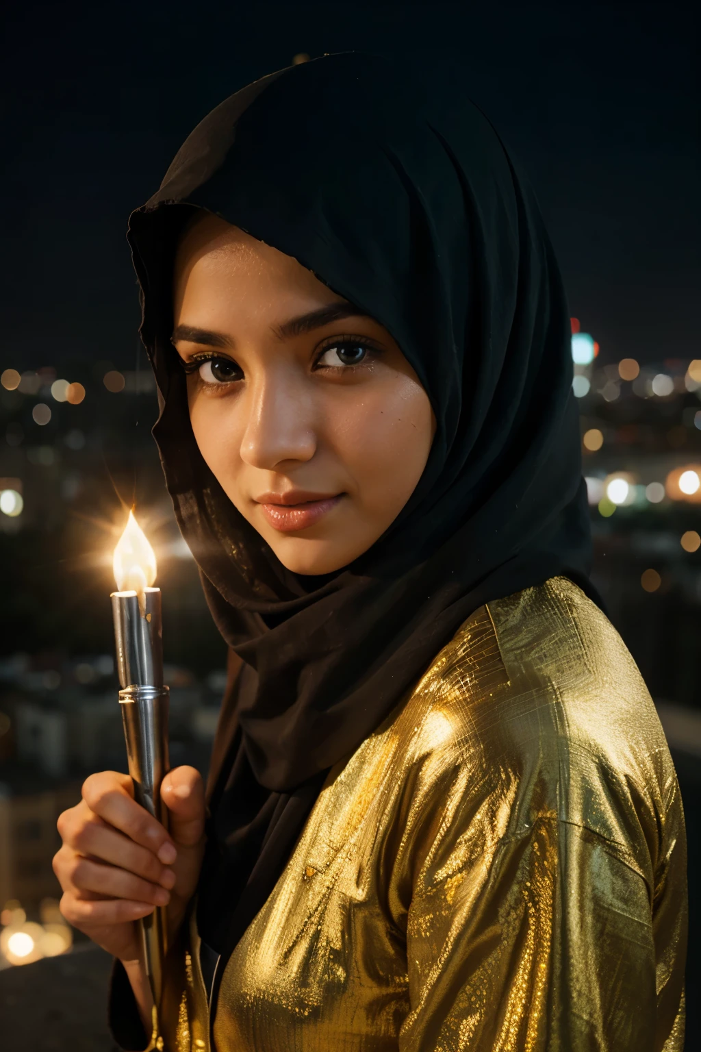 A young Indonesian woman, smiling happily, wearing ihram clothes and a hijab. in front of the Kaaba (performing the Hajj) in the pouring rain and at night. Behind him there were several people performing the Hajj pilgrimage
