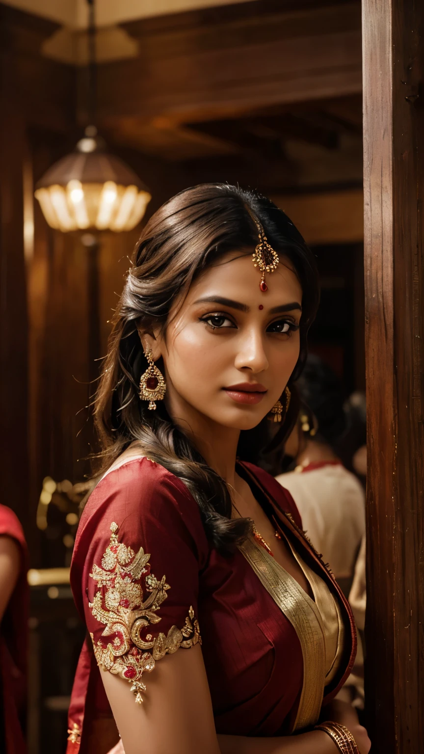 (highly detailed,illustration,intricate,attractive body,beautiful eyes,beautiful lips,extremely detailed face,longeyelashes), ((Full body picture)), cinematic, potrait, dynamic lighting, most beautiful picture, (Tripti Dimri) , indian celebrity, (wearing traditional indian red saree), traditional indian clothes, indian jewelry, symmetrical face, stunning art, intense look, detailed, red lips, messy strands of hair, detailed hair, intense look, (best quality,4k,8k,highres,masterpiece:1.2),ultra-detailed,(realistic,photorealistic,photo-realistic:1.37),vivid colors,sharp focus,portrait, studio lighting, in a temple, (SFW)
