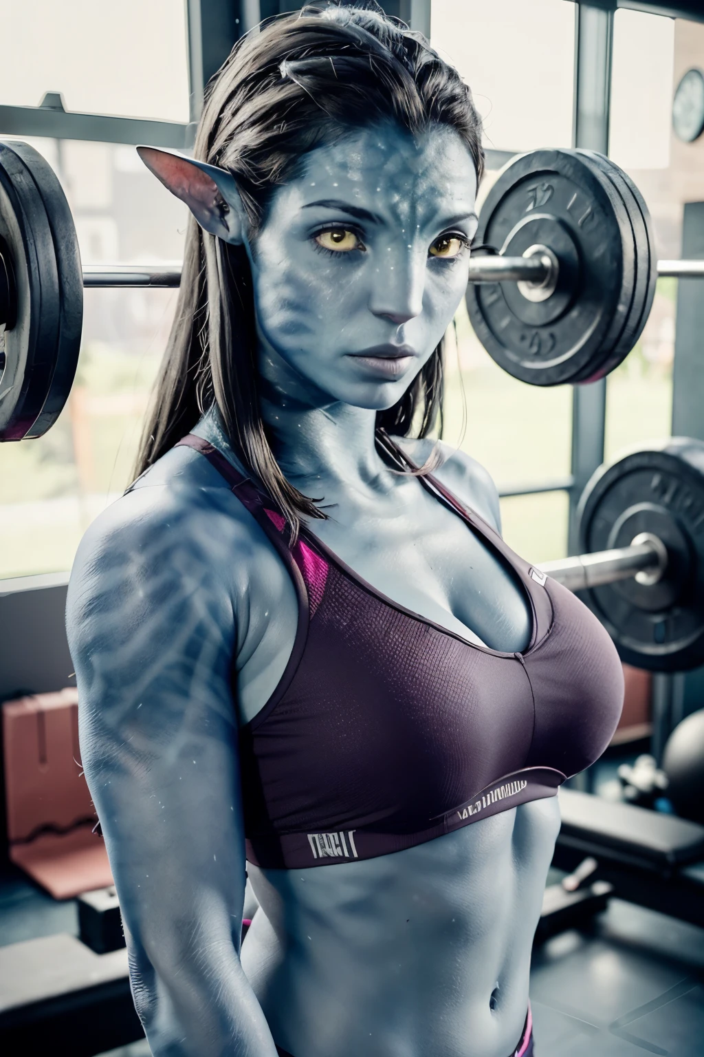 (masterpiece, best quality, high quality), RAW photo, (good body, good proportion, good anatomy, good fingers, good hands), detailed skin, detailed face, blue skin:1.2, pointy ears, Neytiri, avatar \(movie\), bracelet, yellow eyes:1.4, jewelry, portrait, (full gym clothes, cleavage, depth of field photo of (sks woman:1), working out, gym setting, daytime, busy gym, sweating, tired