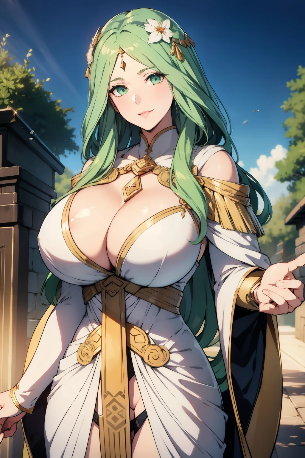 An anime-style artwork depicting rhea from the game Fire Emblem: Three Houses.

Tags: rhea, anime, detailed eyes, detailed lips, green hair, white dress, smiling expression, intense gaze, glowing emblem on hand, dynamic pose, mystical background, vibrant colors, digital art, high-resolution, professional quality, gigantic breasts, cleavage, huge tits.