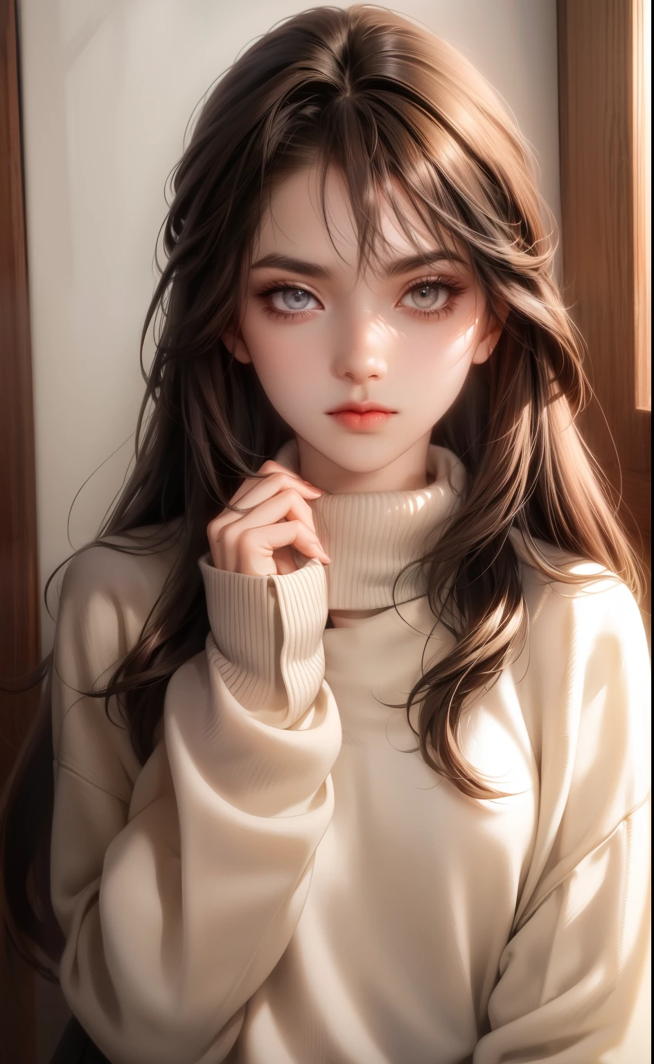 Girl, long brown hair, gray eyes, sharp features, white skin, sweater