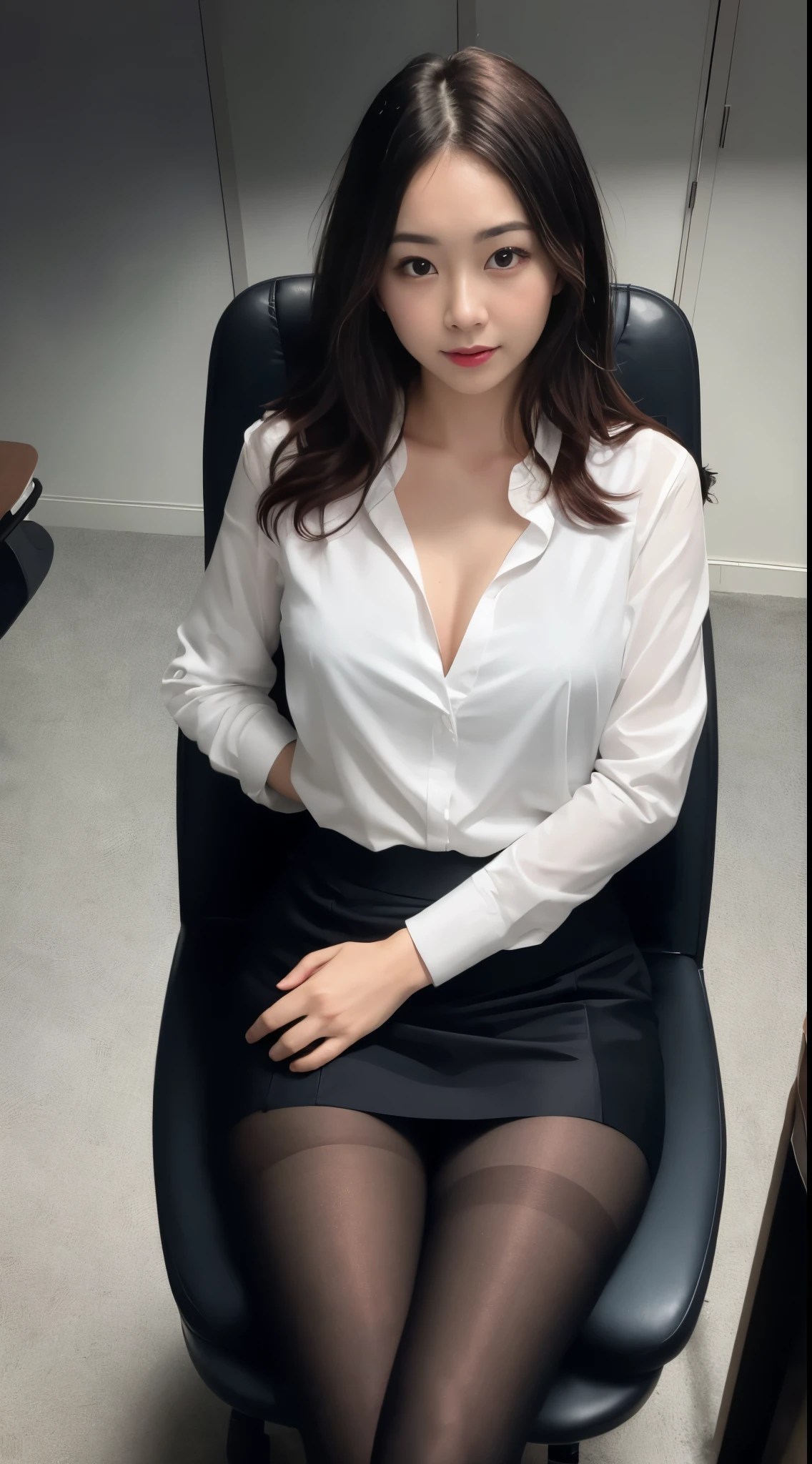 (()), beautiful girl, model body, Big eyes, Cute droopy eyes, small breasts, long legs, Wearing ultra-realistic pantyhose, Glossy Satin Blouse, skirt and thighs, Strict teacher's outfit is sexy, shot from above, very white skin, long hair, wavy hair, teacher's chair, realistic, indirect lighting, volumetric light, ray tracing, super detailed, highest quality, ultra high resolution, nffsw, 8k, intense volumetric fog