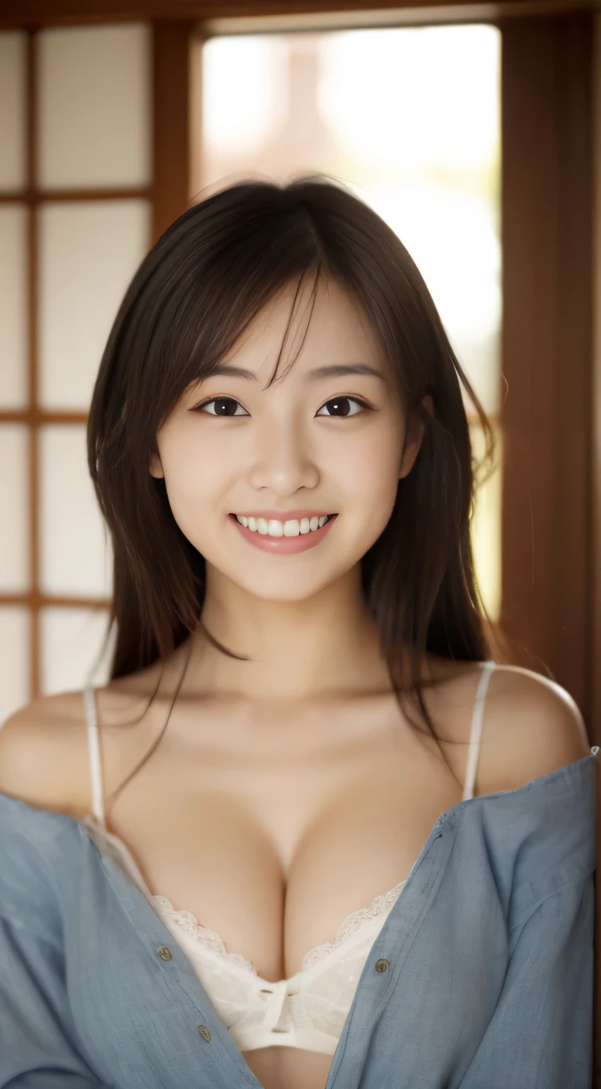 masterpiece,best quality,(Japanese ),((Beautiful girl)),cleavage,indoor,(perfect body beauty:1.2),(shy smile),beautiful teeth,