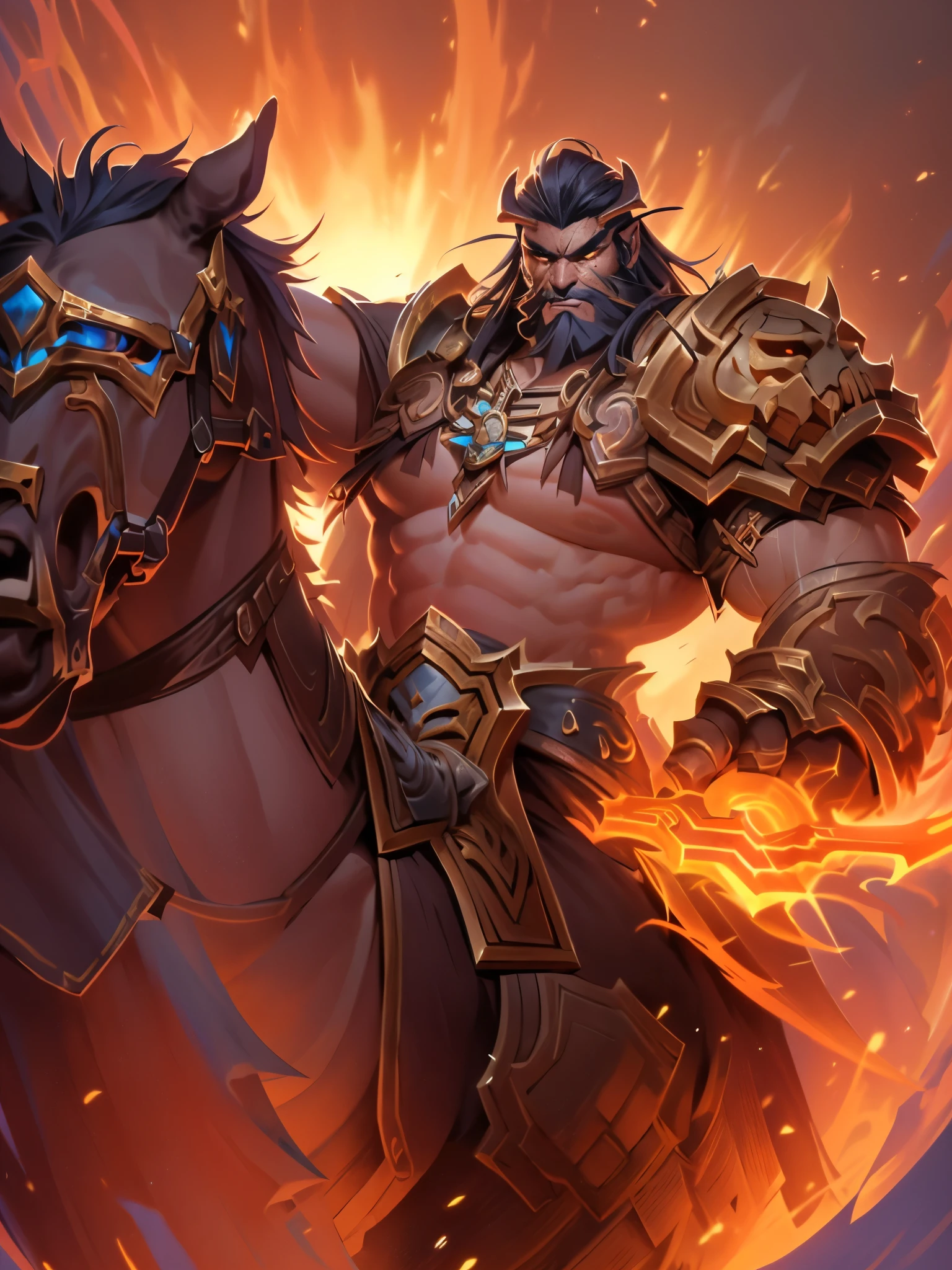 one riding a horse、Close-up of man holding sword, Berserker Portrait, Strong Liquor for the Jaw, Hearthstone card game artwork. ”, bian lian, World of Warcraft Art, Selk ́ nam sun god, Portrait of rugged Zeus, author:Yang Jie, Hephaestus, World of Warcraft concept art, furry barbarian goliath