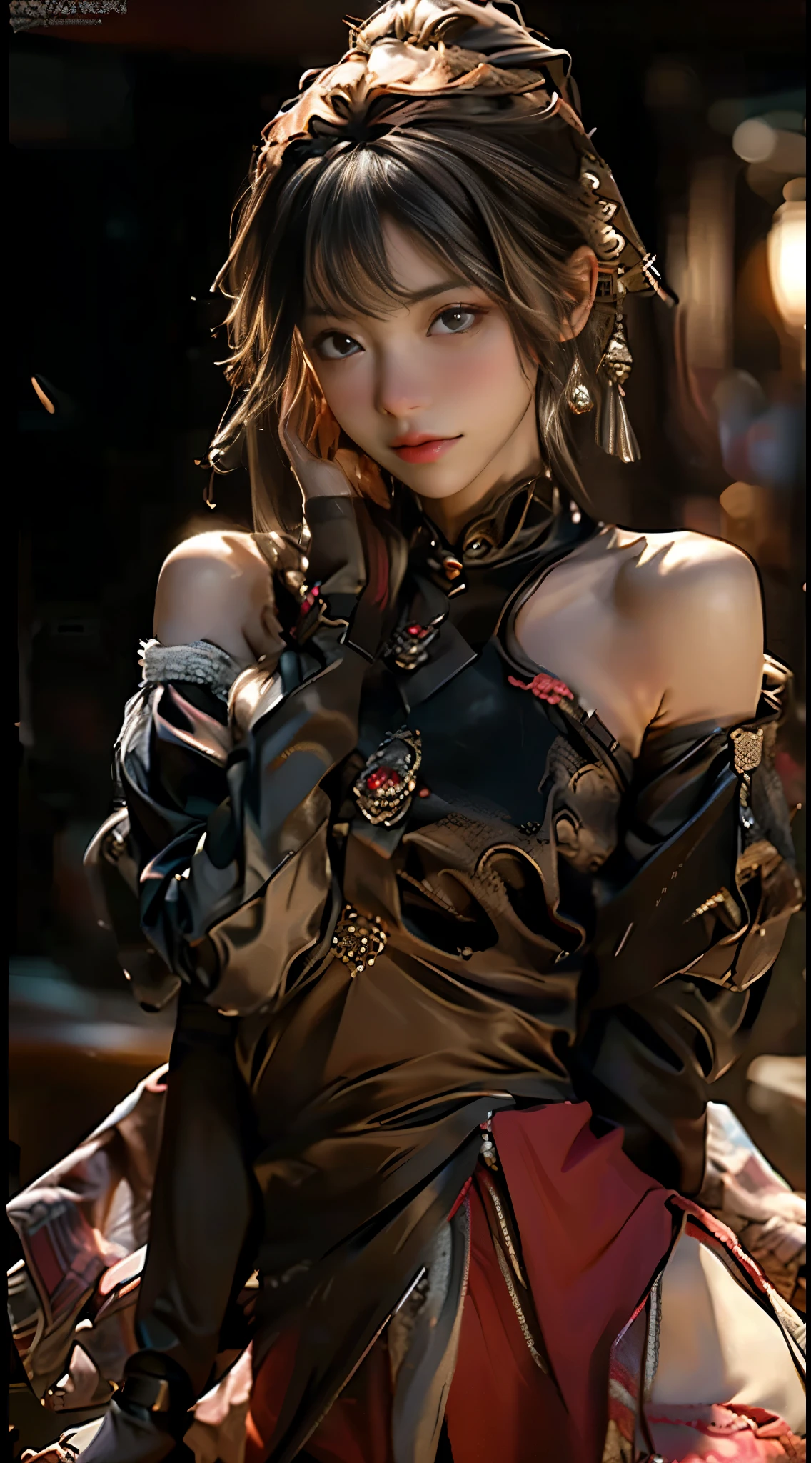 In this image, a young woman dressed in a realistic, photograph-realistic Lolita costume adorned with intricate lace details is depicted. The scene takes place outside, with the upper part of her body exposed to the cold winter air, showcasing her bare shoulders. Beneath her outfit, her upper legs and undergarments are also revealed. She hides her face with a sense of sadness. The overall quality of the image is characterized by 8K RAW photos of the highest quality and masterpiece level detail. Adobe Lightroom was used to enhance the high-detail skin texture and bring out the vibrant colors of the costume amidst the falling snow. The dynamic pose of the woman adds a sense