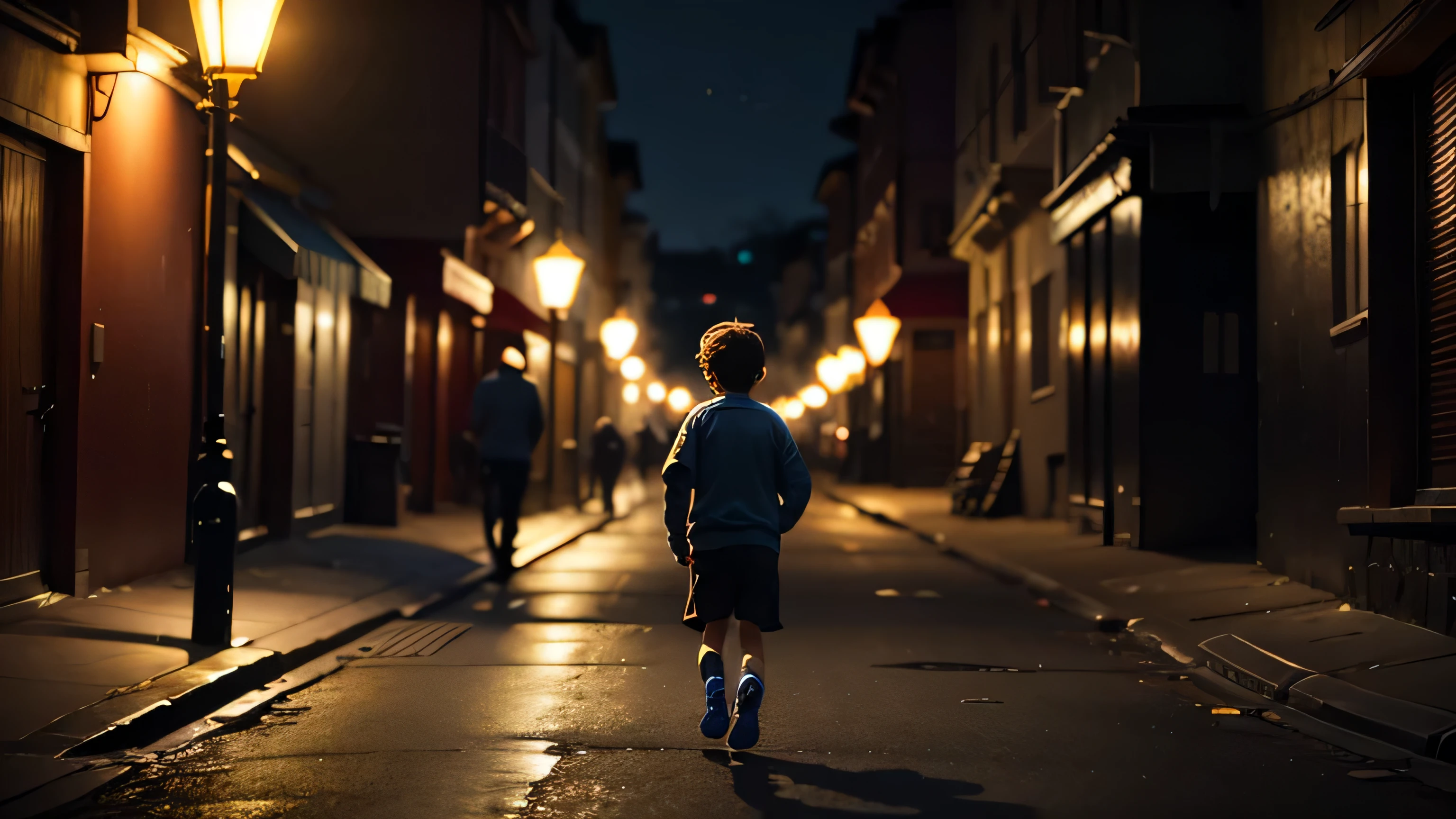 3 years kid running on the street, back view, dark cinematic lights