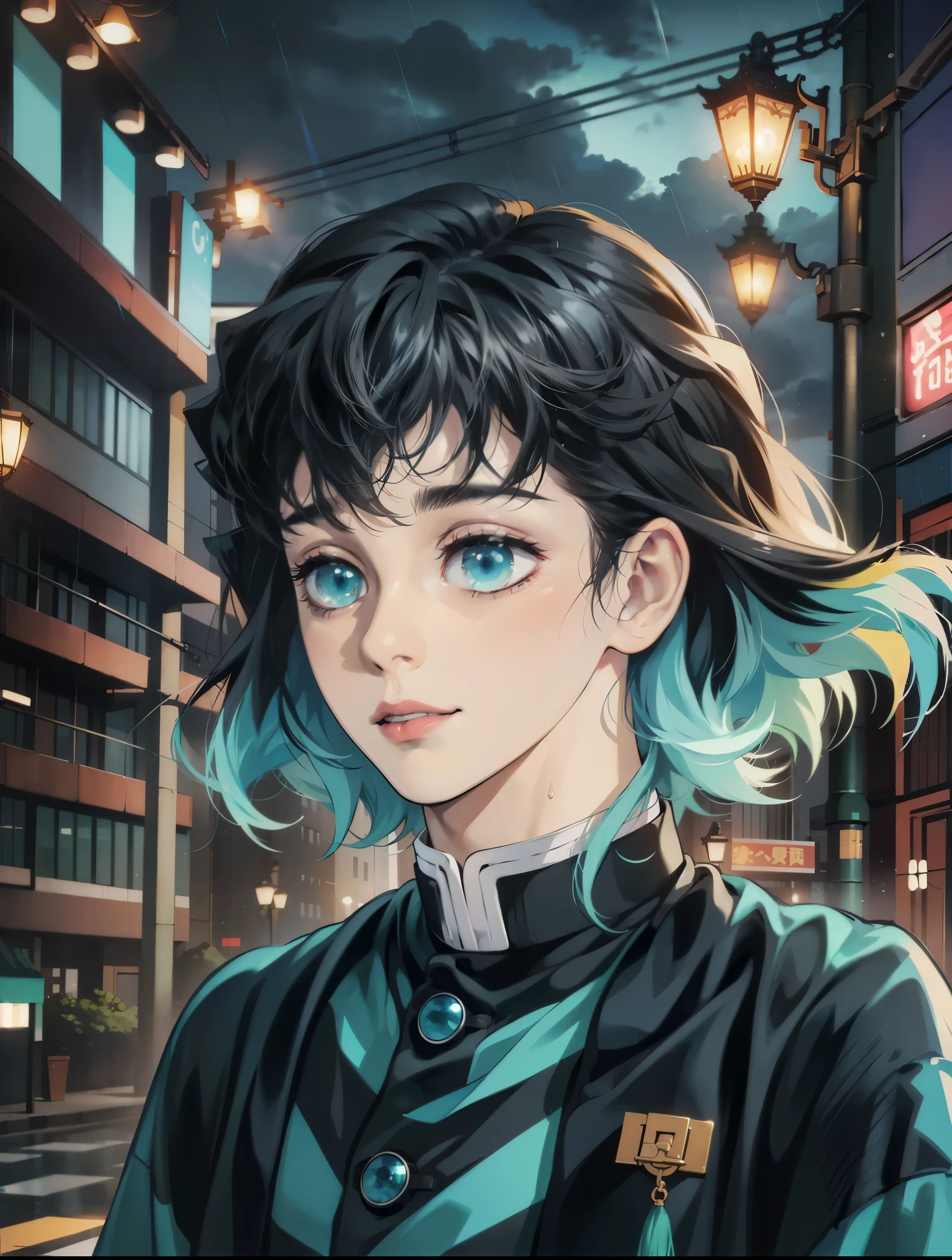 masterpiece, best quality, (realistic, photorealistic:1.2), kimetsu no yaiba style, (muichiro, tokitou_muichirou), (1boy, solo), upper body, (two-tone hair, black hair, light blue hair, bangs), aqua eyes, demon slayer uniform, sad smile, (streetscape, urban atmosphere, wet street), (night sky, falling rain), (street light, spot lighting)