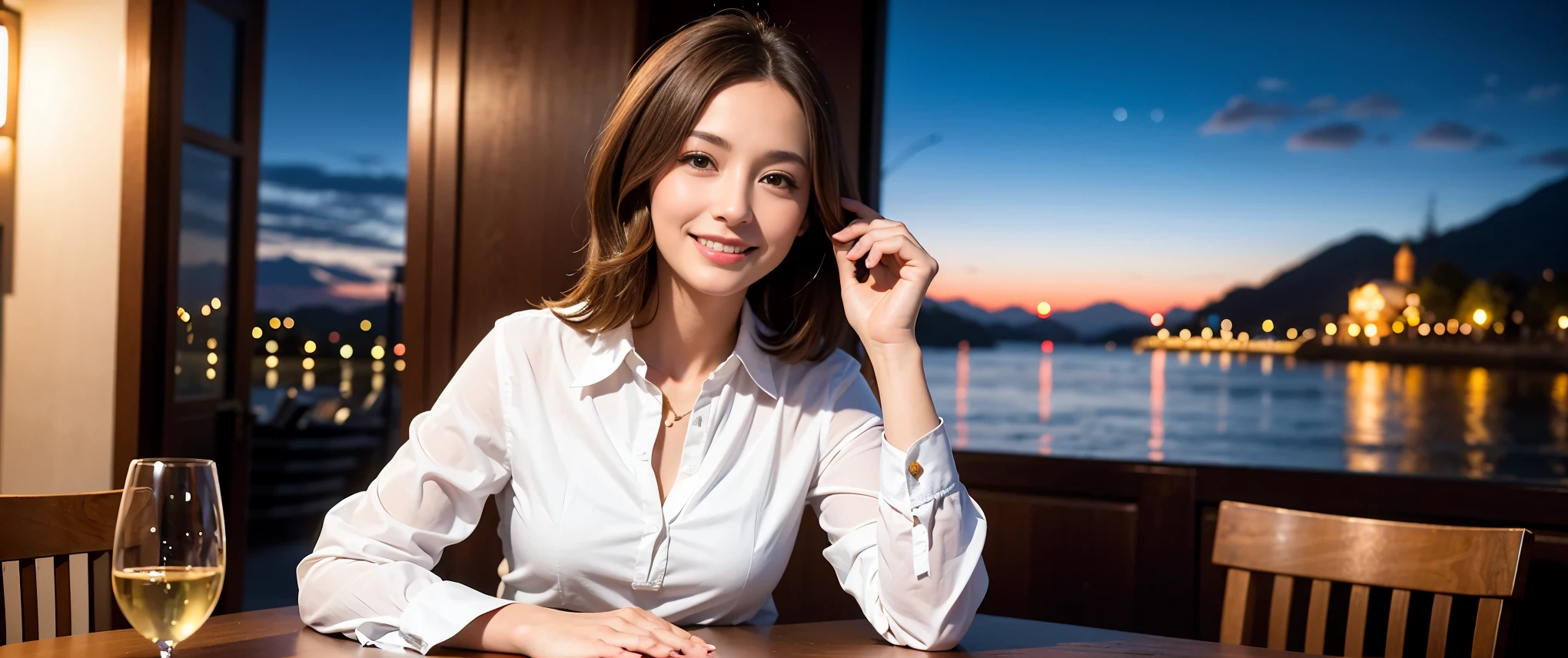 K, Hmm, highest quality, masterpiece: 1.2), (realistic, photorealistic: 1.37), Spectacular view of the sunset sky and clouds、Amazing mountain views、ニコニコ明るいsmile、3 slim beauties, (slim face),Happy、 the best smile、Fox face、Berry Short、(because I'thin), (brown hair), (shortcut), long sleeve shirt、winter fashion、Colombian、Brazilian、Japanese、Dutch、German、Portuguese、Belgian、Italian、French,Champagne、sparkling wine、 (Squirting), (slim body), (brown hair), (shortcut), neat beauty、cheeks turn a little red, (42 years old), 38 years old, alone, A beautiful and detailed night view spreads out outside the window........, restaurant, wine glass is sitting, At night, in a prominent place (from the Upper body) nova frog style, actress, model, Upper body, White wine, slim, wine glass, Very beautiful night view, wine glass Put in the Middle, Happy smile, (smile: 1.15),