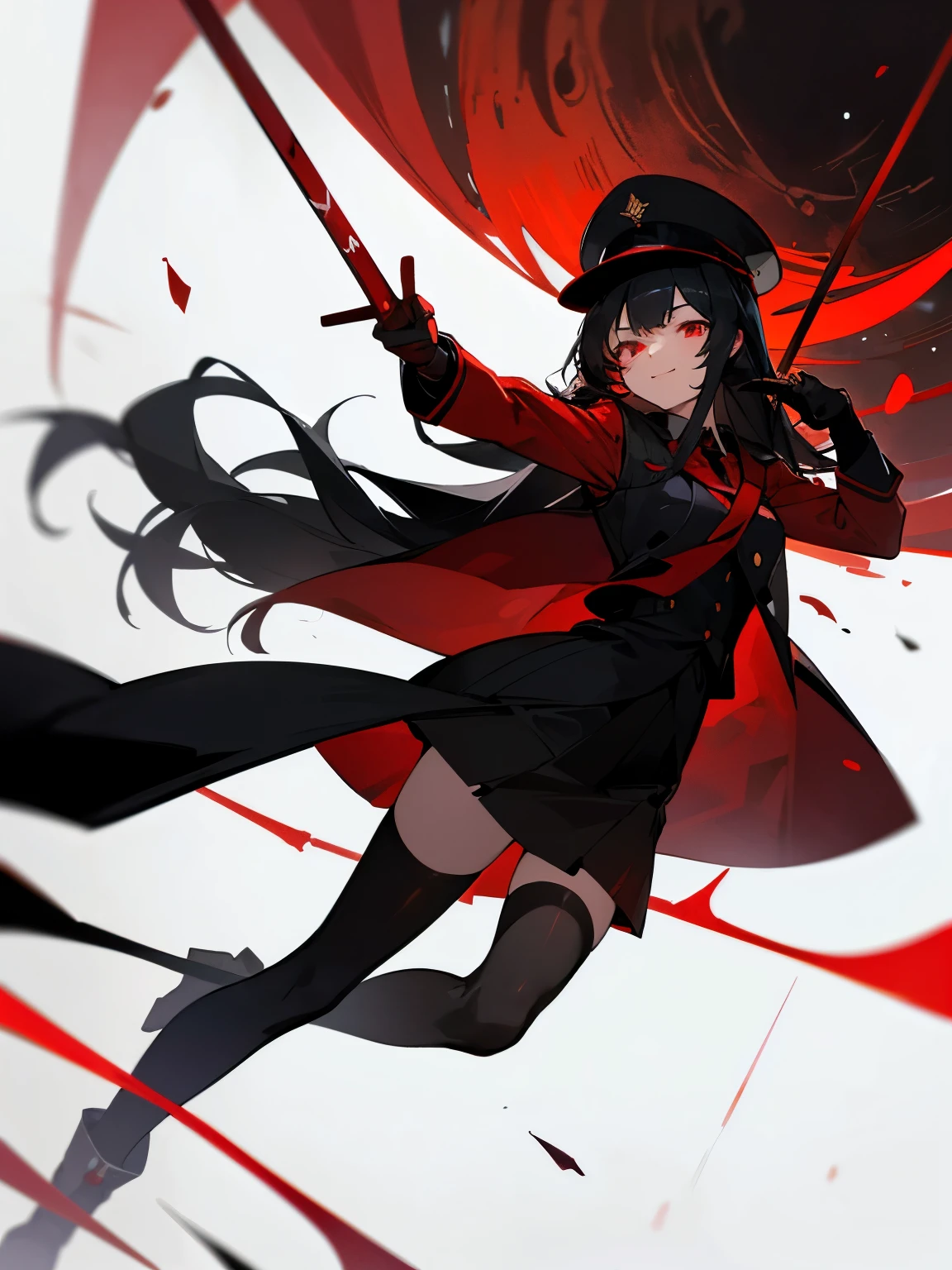 1girl, long black hair, military hat, red glowing eyes, red glowing tie, military suit, black gloves, waistcoat , skirt, black stockings, at night, boots, military earphone, red blood on background, girl smiles abit, dark lighting, swinging a red blade spear, lunar eclipse on background 