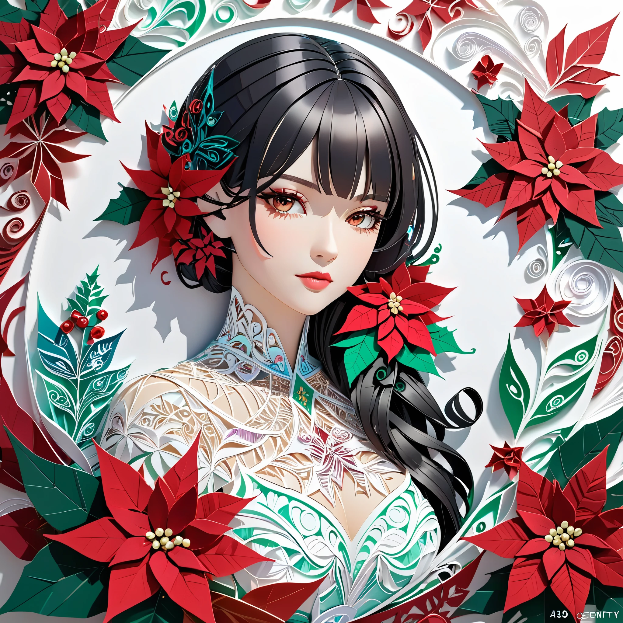 （hologram:1.5)，（The silhouette of a beautiful woman:1.3)，(Colorful Poinsettia:1.2)，in the winter，White background，paper art，（quilling paper art:1.5)，(zentangle:1.2), (geomerty:1.2)，a 3D render，extremely detaile, Cinematic lighting effects，4K，Masterpiece，