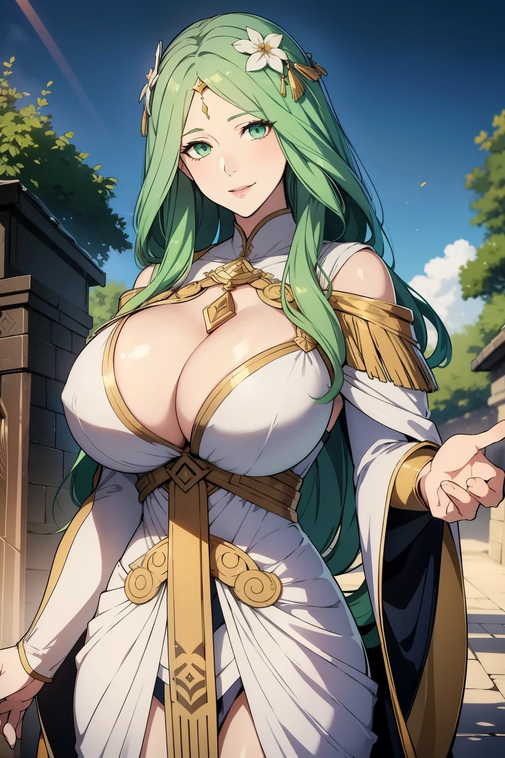 An anime-style artwork depicting rhea from the game Fire Emblem: Three Houses.

Tags: rhea, anime, detailed eyes, detailed lips, green hair, white dress, smiling expression, intense gaze, glowing emblem on hand, dynamic pose, mystical background, vibrant colors, digital art, high-resolution, professional quality, gigantic breasts, cleavage, huge tits.