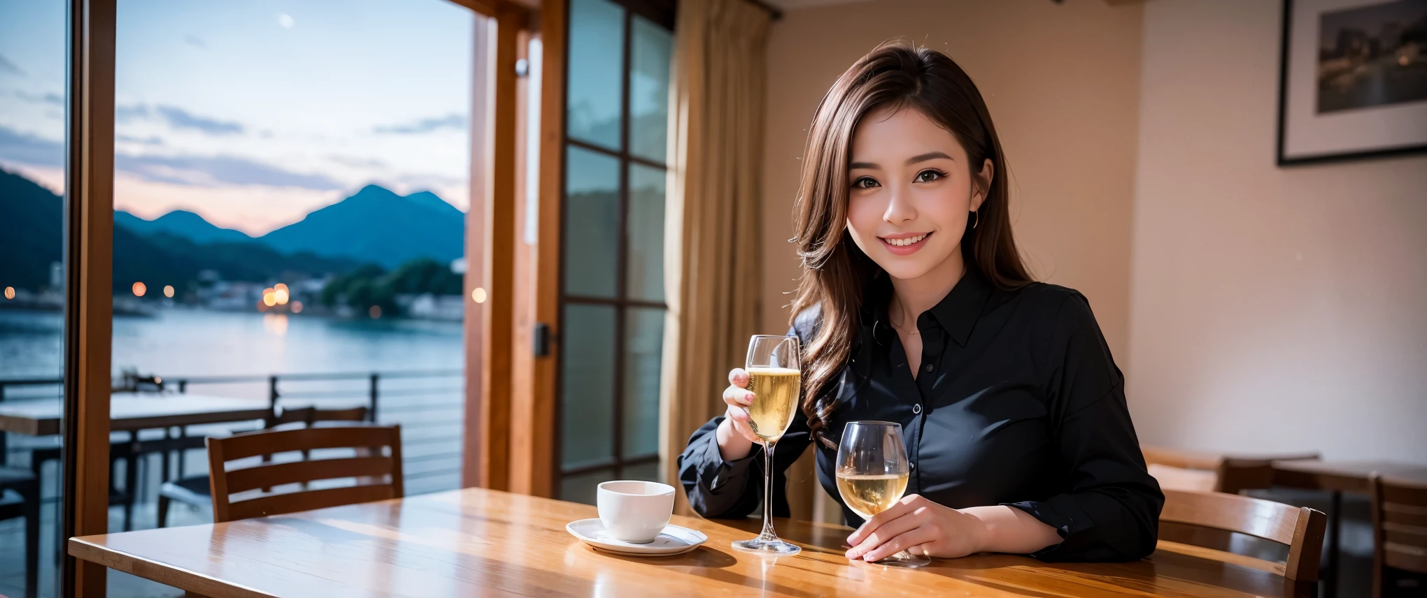 64k, Hmm, highest quality, masterpiece: 1.2), (realistic, photorealistic: 1.37), Spectacular view of the sunset sky and clouds、Amazing mountain views、3 slim beauties, (slim face),Happy、 the best smile、Fox face、Berry Short、(because I'thin), (brown hair), (shortcut), long sleeve shirt、winter fashion、Colombian、Brazilian、Japanese、Dutch、German、Portuguese、Belgian、Italian、French,Champagne、sparkling wine、 (Squirting), (slim body), (brown hair), (shortcut), neat beauty、cheeks turn a little red, (40 years old), 36 years old, alone, A beautiful and detailed night view spreads out outside the window......, restaurant, wine glass is sitting, At night, in a prominent place (from the Upper body) nova frog style, actress, model, Upper body, White wine, slim, wine glass, Very beautiful night view, wine glass Put in the Middle, Happy smile, (smile: 1.15),