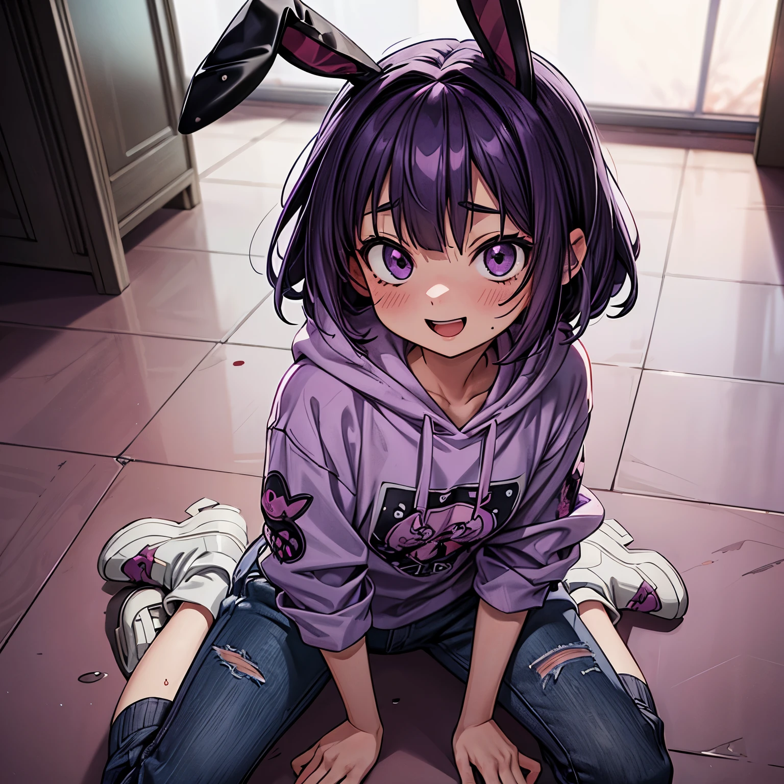 ((Masterpiece)), (Anime:1.3), (High Definition:1.3), (Professional Photography:1.2), 8K, from above, wide shot, Textured skin, cinematic lighting,(messy medium bob), (purple color hair), (put on Black bunny ears), Pretty oversized pink hoodie, bloody, Tattered short trousers of jeans fabric, glowing Purple eyes, (Crazy Eyes), (the floor is wet with a blood), Sit on the ground, Eerie and inorganic white concrete room, very blush, Big purple eyes, Open your mouth wide, (crazy smile), ((Cute teenage Beautiful Girl)), sweaty