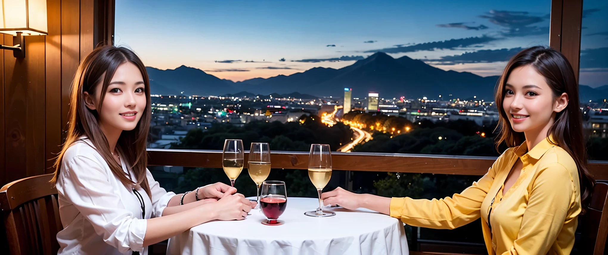 64k, Hmm, highest quality, masterpiece: 1.2), (realistic, photorealistic: 1.37), Spectacular view of the sunset sky and clouds、Amazing mountain views、3 slim beauties, (slim face),Happy、 the best smile、Fox face、Berry Short、(because I'thin), (brown hair), (shortcut), long sleeve shirt、winter fashion、Colombian、Brazilian、Japanese、Dutch、German、Portuguese、Belgian、Italian、French,Champagne、sparkling wine、 (Squirting), (slim body), (brown hair), (shortcut), neat beauty、cheeks turn a little red, (40 years old), 36 years old, alone, A beautiful and detailed night view spreads out outside the window......, restaurant, wine glass is sitting, At night, in a prominent place (from the Upper body) nova frog style, actress, model, Upper body, White wine, slim, wine glass, Very beautiful night view, wine glass Put in the Middle, Happy smile, (smile: 1.15),