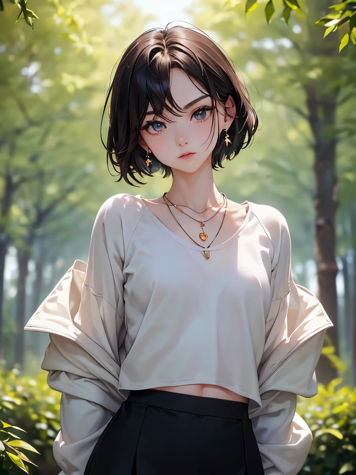 ((Biologically correct number of limbs))、((natural finger shape))、((full body shot, including face))、standing position、[NSFW]、4K、masterpiece、((focus on the face))、((Symmetrical facial features))、Eyes of minute description、Beautiful woman、outstanding style、beautiful clavicle、beautiful legs、slender body、(small ass、thin thighs）、(high heels）、Detailed depiction of faces、small earrings、necklace、Low - Angle、(upper body sweatshirt、lower body skirt）、Holiday morning park scenery、
