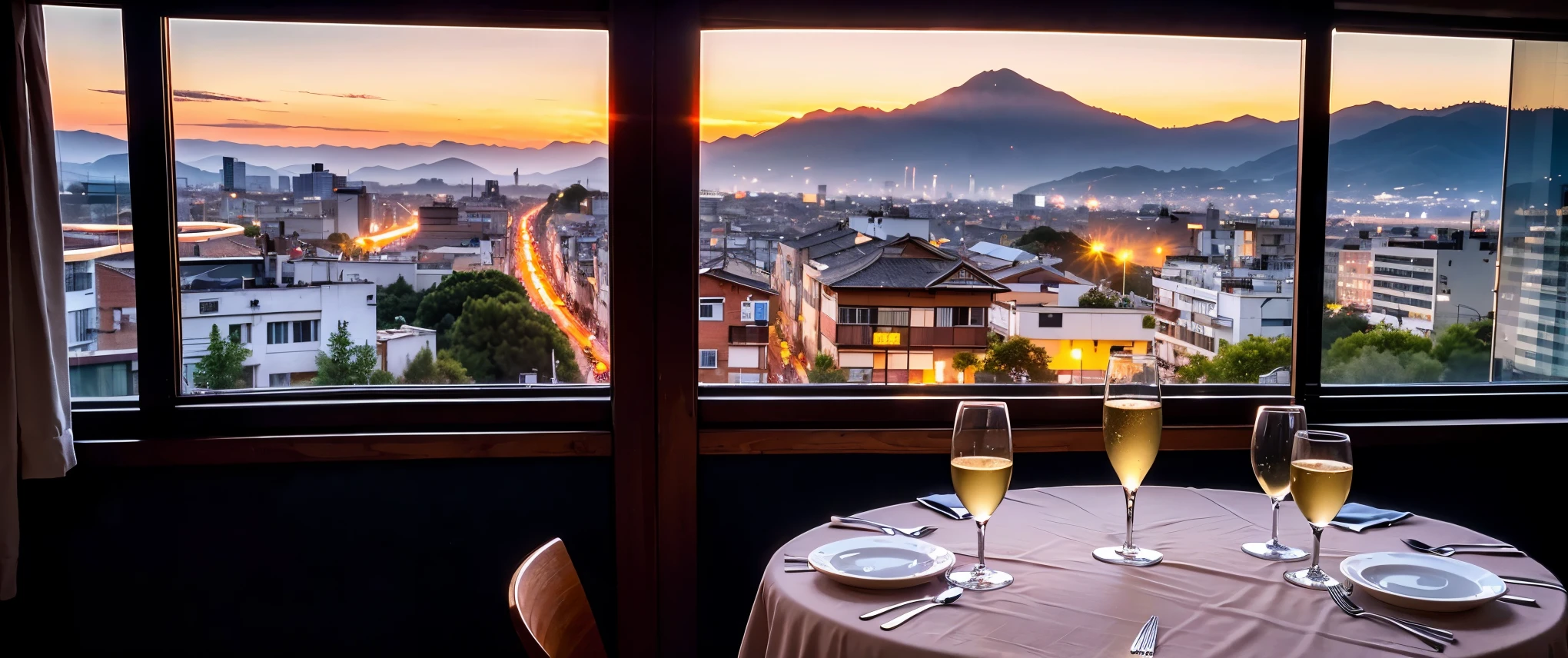 64k, Hmm, highest quality, masterpiece: 1.2), (realistic, photorealistic: 1.37), Spectacular view of the sunset sky and clouds、Amazing mountain views、3 slim beauties, (slim face),Happy、 the best smile、Fox face、Berry Short、(because I'thin), (brown hair), (shortcut), long sleeve shirt、winter fashion、Colombian、Brazilian、Japanese、Dutch、German、Portuguese、Belgian、Italian、French,Champagne、sparkling wine、 (Squirting), (slim body), (brown hair), (shortcut), neat beauty、cheeks turn a little red, (40 years old), 36 years old, alone, A beautiful and detailed night view spreads out outside the window......, restaurant, wine glass is sitting, At night, in a prominent place (from the Upper body) nova frog style, actress, model, Upper body, White wine, slim, wine glass, Very beautiful night view, wine glass Put in the Middle, Happy smile, (smile: 1.15),