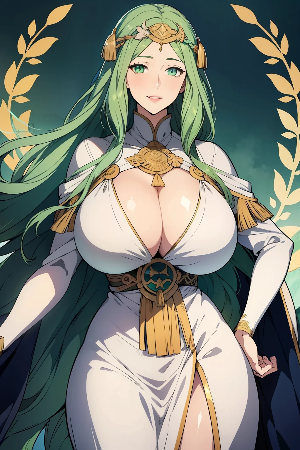 An anime-style artwork depicting rhea from the game Fire Emblem: Three Houses.

Tags: rhea, anime, detailed eyes, detailed lips, green hair, white dress, smiling expression, intense gaze, glowing emblem on hand, dynamic pose, mystical background, vibrant colors, digital art, high-resolution, professional quality, gigantic breasts, cleavage, huge tits.