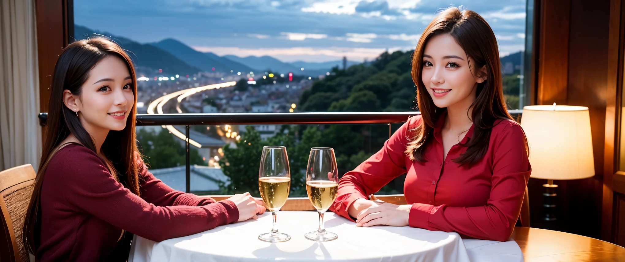 64k, Hmm, highest quality, masterpiece: 1.2), (realistic, photorealistic: 1.37), Spectacular view of the sunset sky and clouds、Amazing mountain views、3 slim beauties, (slim face),Happy、 the best smile、Fox face、Berry Short、(because I'thin), (brown hair), (shortcut), long sleeve shirt、winter fashion、Colombian、Brazilian、Japanese、Dutch、German、Portuguese、Belgian、Italian、French,Champagne、sparkling wine、 (Squirting), (slim body), (brown hair), (shortcut), neat beauty、cheeks turn a little red, (40 years old), 36 years old, alone, A beautiful and detailed night view spreads out outside the window......, restaurant, wine glass is sitting, At night, in a prominent place (from the Upper body) nova frog style, actress, model, Upper body, White wine, slim, wine glass, Very beautiful night view, wine glass Put in the Middle, Happy smile, (smile: 1.15),