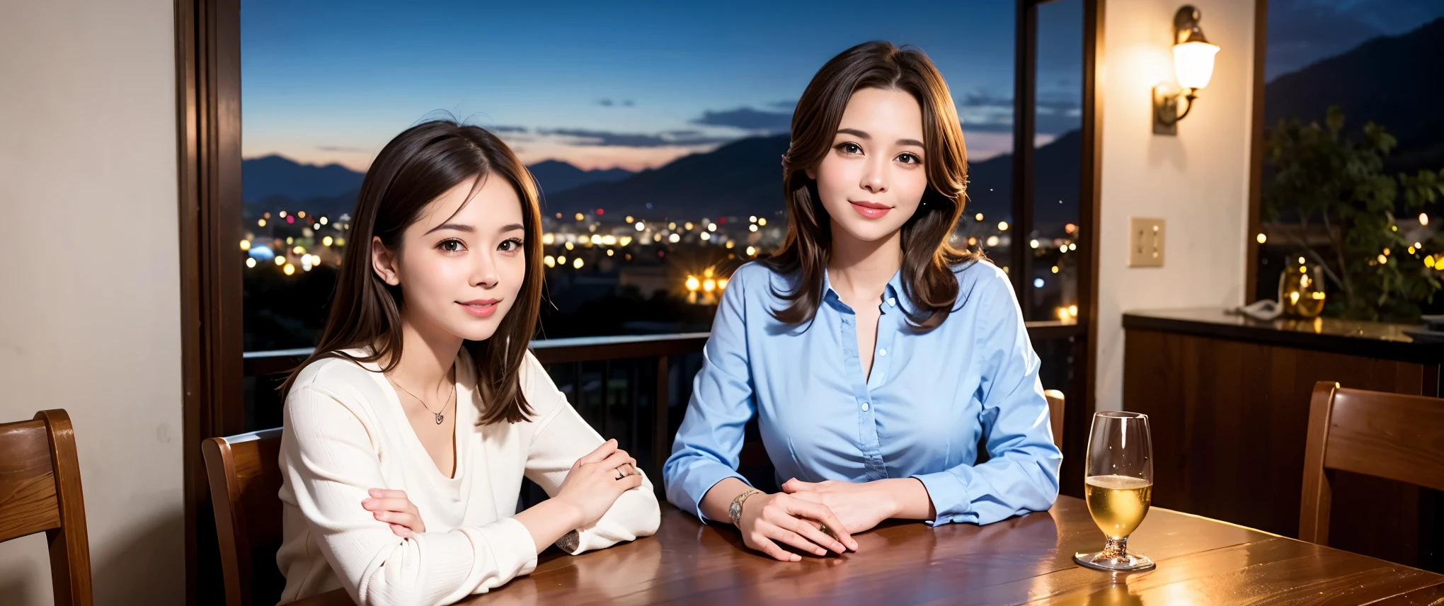 64k, Hmm, highest quality, masterpiece: 1.2), (realistic, photorealistic: 1.37), Spectacular view of the sunset sky and clouds、Amazing mountain views、3 slim beauties, (slim face),Happy、 the best smile、Fox face、Berry Short、(because I'thin), (brown hair), (shortcut), long sleeve shirt、winter fashion、Colombian、Brazilian、Japanese、Dutch、German、Portuguese、Belgian、Italian、French,Champagne、sparkling wine、 (Squirting), (slim body), (brown hair), (shortcut), neat beauty、cheeks turn a little red, (40 years old), 36 years old, alone, A beautiful and detailed night view spreads out outside the window......, restaurant, wine glass is sitting, At night, in a prominent place (from the Upper body) nova frog style, actress, model, Upper body, White wine, slim, wine glass, Very beautiful night view, wine glass Put in the Middle, Happy smile, (smile: 1.15),
