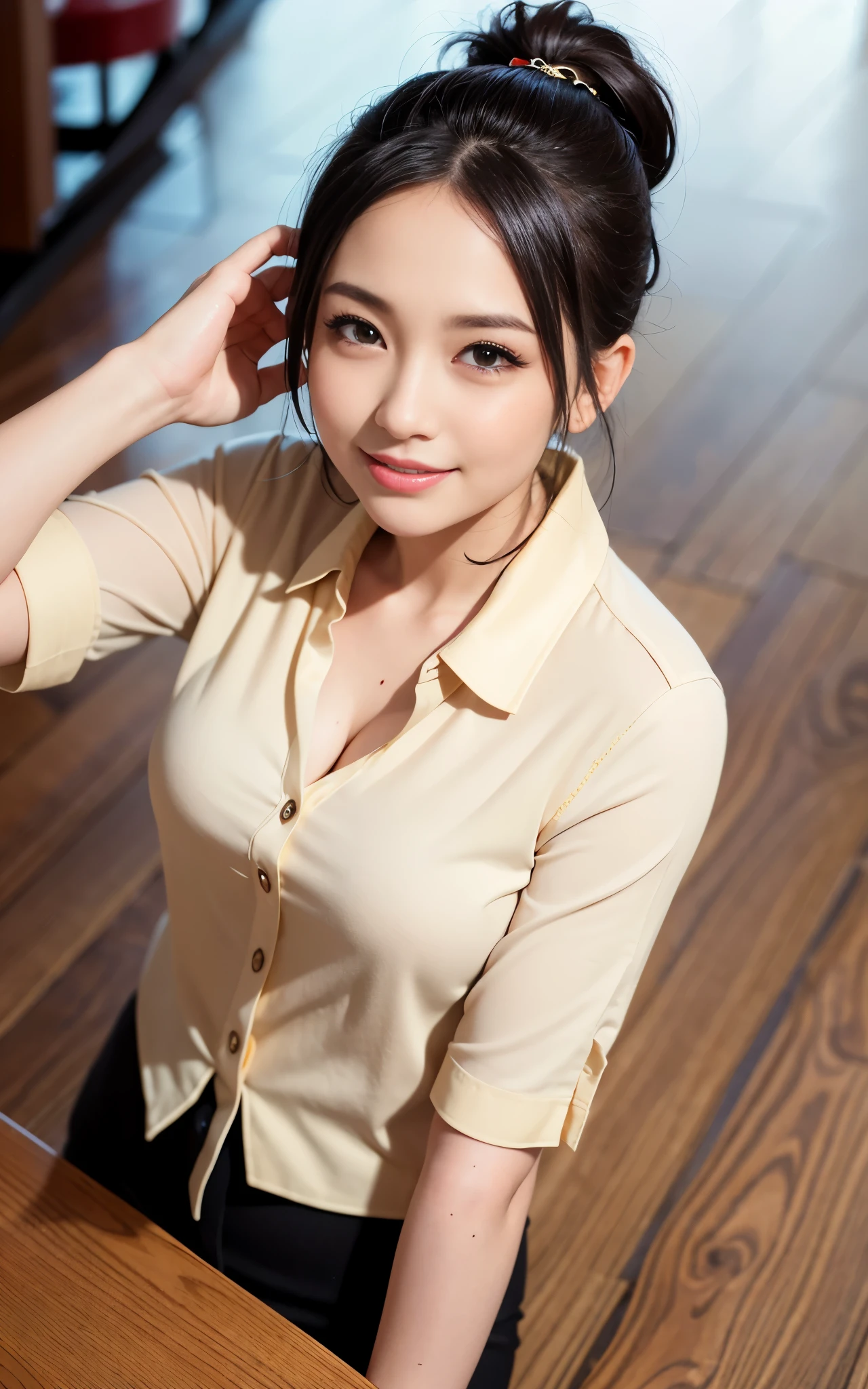 highest quality, figure, super detailed, finely, High resolution, 8k wallpaper, 完璧なダイナミックな構figure, beautiful skin, (big eyes), 20 year old beautiful girl, natural color lip, (sexy pose), mid chest, smile, Highly detailed face and skin texture, Detailed eyes, Double eyelid,leaking teeth and laughing, close-up, from above, black hair ponytail, (beige blouse:1.2), beautiful hotel lobby