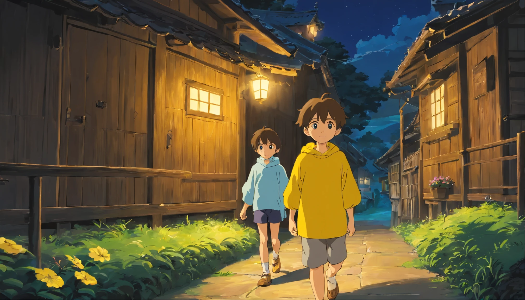 Brother, Yellow clothes,12 years old,brown hair ,Walking, close-up, night, wooden house, outdoor view