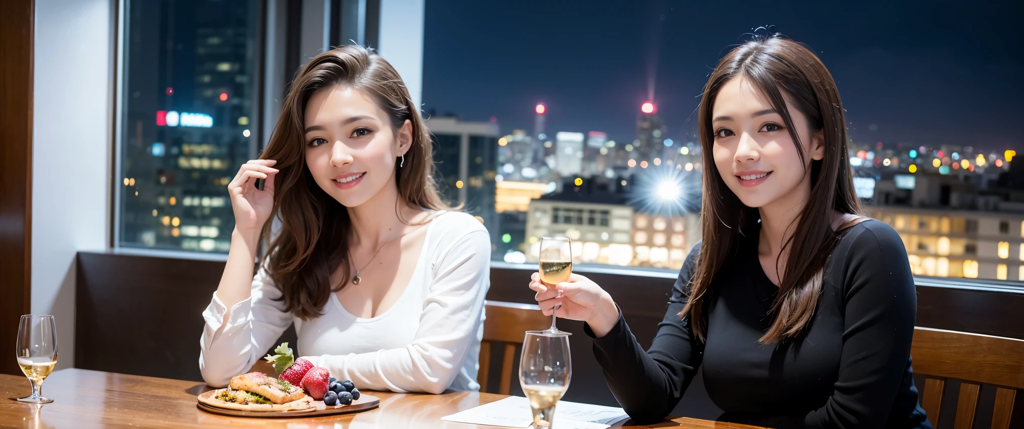 64k, Hmm, highest quality, masterpiece: 1.2), (realistic, photorealistic: 1.37), Spectacular view of the sunset sky and clouds、Amazing mountain views、3 slim beauties, (slim face),Happy、 the best smile、Fox face、Berry Short、(because I&#39;thin), (brown hair), (shortcut), long sleeve shirt、winter fashion、Colombian、Brazilian、Japanese、Dutch、German、Portuguese、Belgian、Italian、French,Champagne、sparkling wine、 (Squirting), (slim body), (brown hair), (shortcut), neat beauty、cheeks turn a little red, (40 years old), 36 years old, alone, A beautiful and detailed night view spreads out outside the window......, restaurant, wine glass is sitting, At night, in a prominent place (from the Upper body) nova frog style, actress, model, Upper body, White wine, slim, wine glass, Very beautiful night view, wine glass Put in the Middle, Happy smile, (smile: 1.15), 