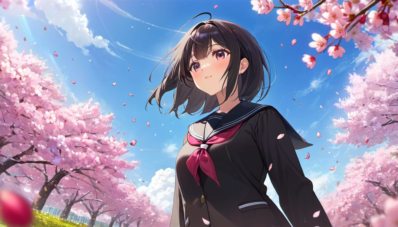 ((masterpiece)),((best quality)),((high detail)),family、Focus on a girl、The girl looks up at the cherry blossoms、black hair、sailor suit、Cherry blossom trees、cherry blossom petals fall、blue sky、field、Composition looking up from below、spring、warm