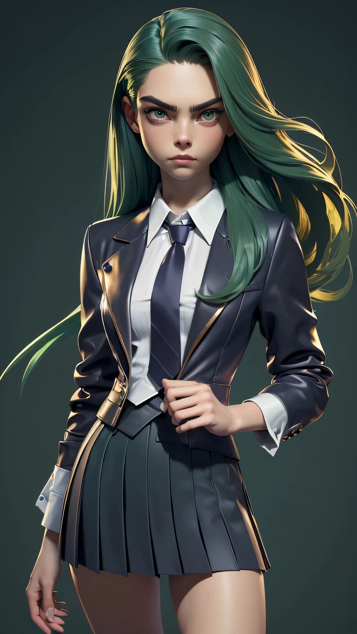 SKS woman, full body shot, Cara Delevingne, , gynoid physics, (One:1.1), Cara Delevingne, perfect face, (((night skirt suit))), (((pleated school miniskirt))), (((night color jacket))), (((Silk tie))), Windsor tie, (((White shirt))), cup size E, big bust, (((Night color miniskirt with 1 horizontal gold stripe))), One focus, fully dressed, elegantly dressed, tranquility, (((combed back hairstyle, long hair))), (((green hair with brown undertones))), (((Green eyes))), beautiful detailed eyes，bright students，（very good and beautiful），（Beautiful and detailed description of the eyes), [[gentle fingers and hands:0.55]::0.85], (detail fingers), Facing the camera, (Background with：school corridor，mystical atmosphere), (Illustration, cartoon, Masterpiece, very detailed, Best quality，cinematic lighting，muted colors, detailed background, A high resolution)