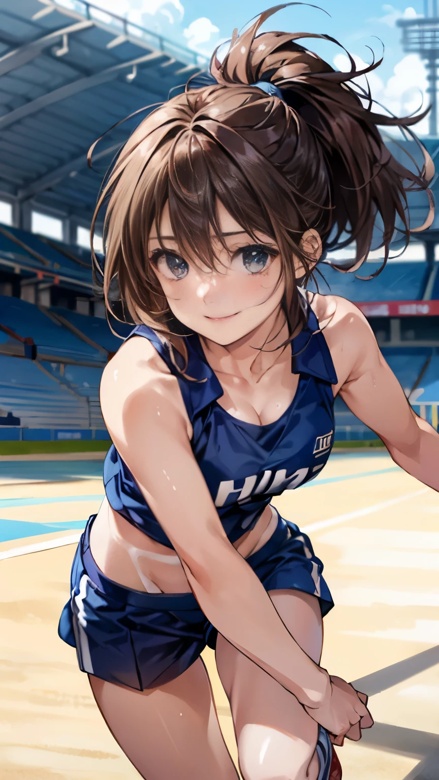 (masterpiece:1.2, highest quality, ultra high resolution, Super detailed), (realistic, photorealistic:1.4), beautiful illustrations, (natural side lighting, movie lighting), written boundary depth, fine fabric texture,
looking at the viewer, bust photo, 1 girl, high school girl, perfect face, (perfect anatomy), Cute symmetrical face, , shiny skin, sunburned skin,
(middle hair:1.5, ponytail:1.4, messy hair, brown hair), hair between eyes, dark blue eyes, big, droopy eyes, long eyelasheedium breasts:1.1),
beautiful hair, beautiful face, fine and beautiful eyes, beautiful clavicle, beautiful body, beautiful breasts, beautiful thighs, beautiful feet, beautiful fingers,
(fine fabric texture, navy truck uniform:1.2, abdomen:1.1),
(beautiful scenery), Summer day, evening, (athletics stadium) (running form:1.3), (smile),