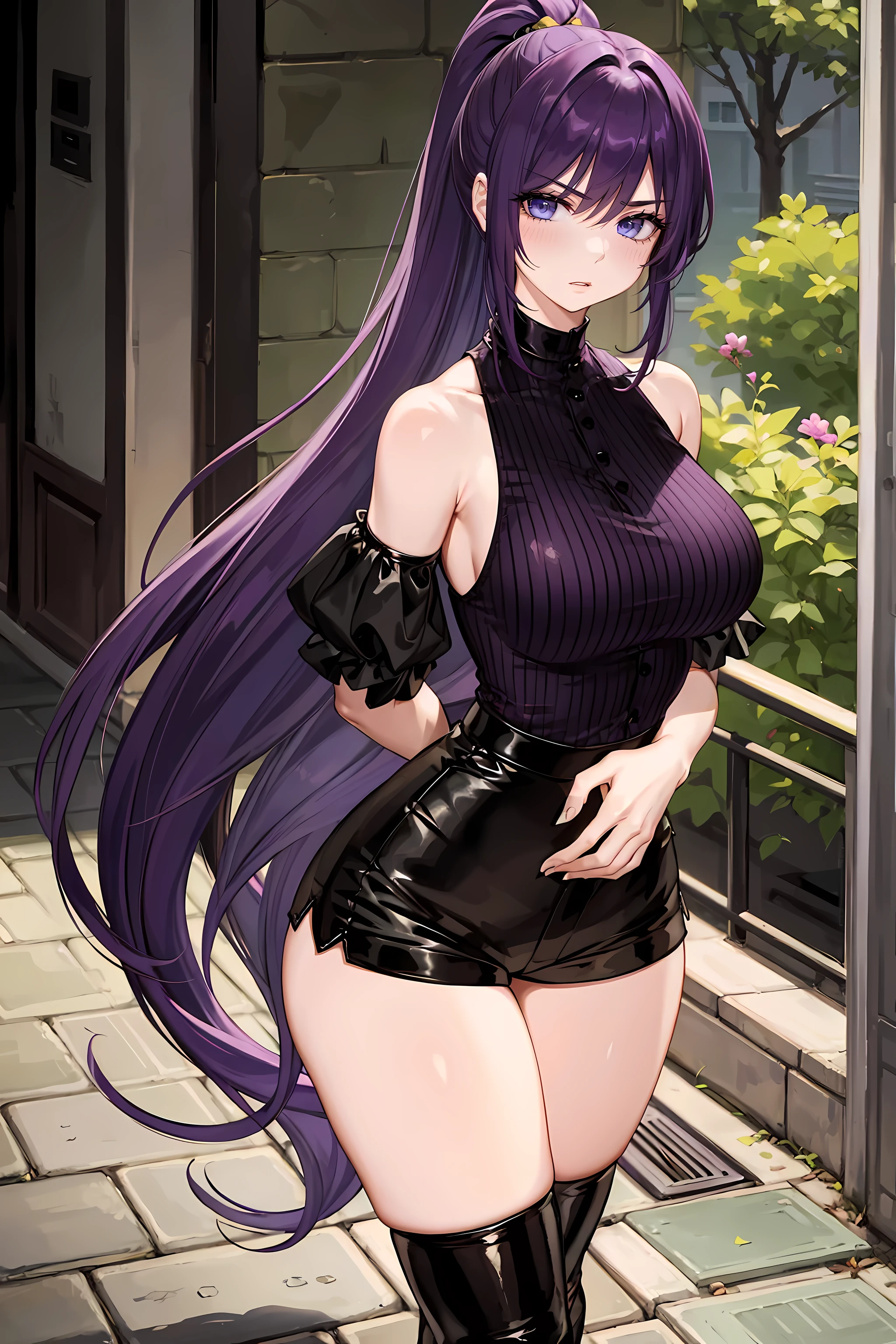 Martina,purple eyes, purple hair, very long hair, ponytail, Headband, Green collar, O-ring top, Vest, sleeveless, Waist shawl, black shorts, Greenbelt, boots,fc portrait  