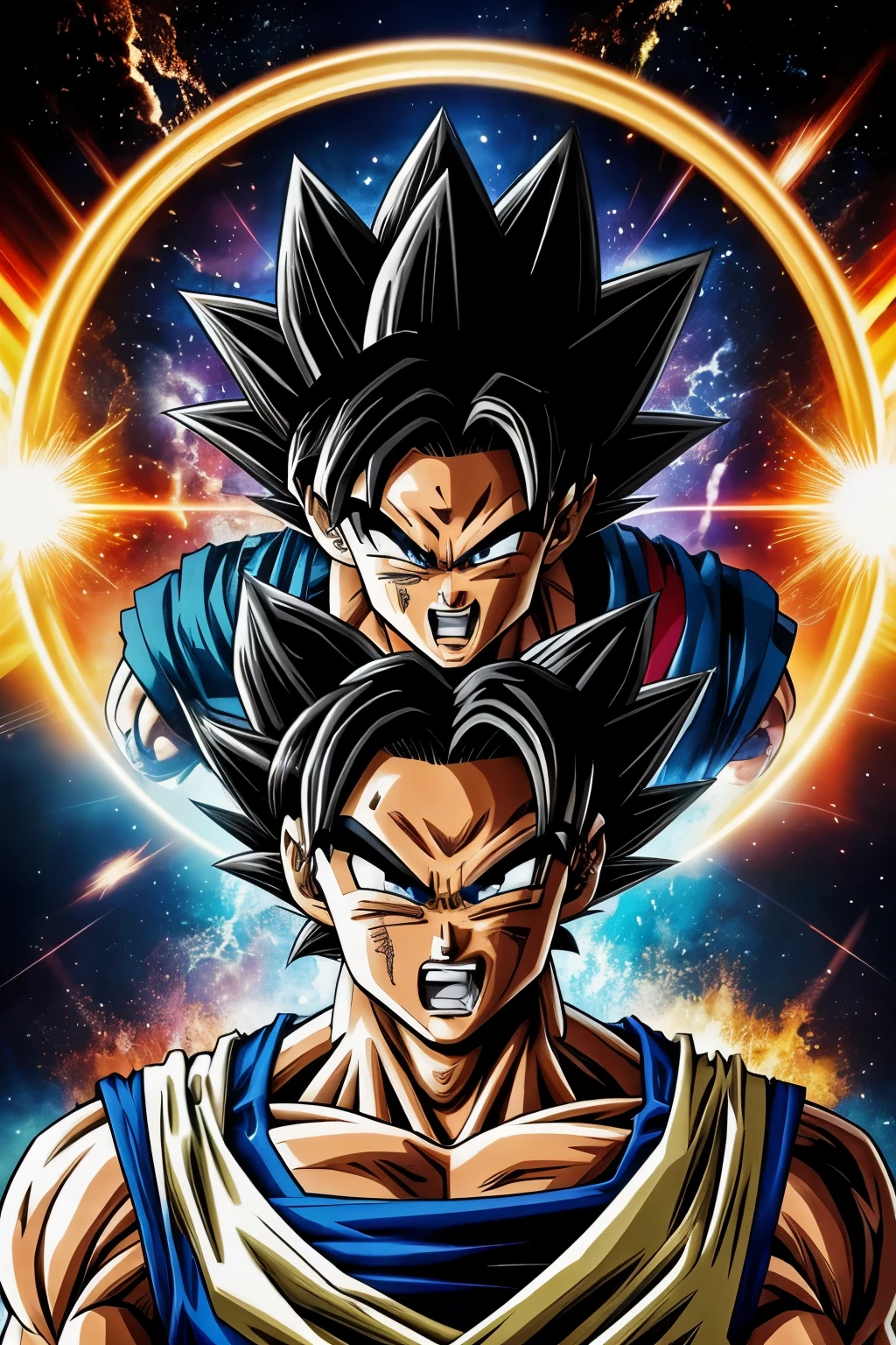 "(best quality,4k,8k,highres,masterpiece:1.2),ultra-detailed,(realistic,photorealistic,photo-realistic:1.37),illustration,goku,vegeta,powerful,fighting scene,dynamic poses,aura,fiery blast,battlefield,explosions,transformation,saiyan,zoomed perspective,climactic moment,energy beams,serious expressions,dragon balls,flying hair,muscular bodies,anime style,vivid colors,stunning effects,lighting effects,contrast,action-packed"