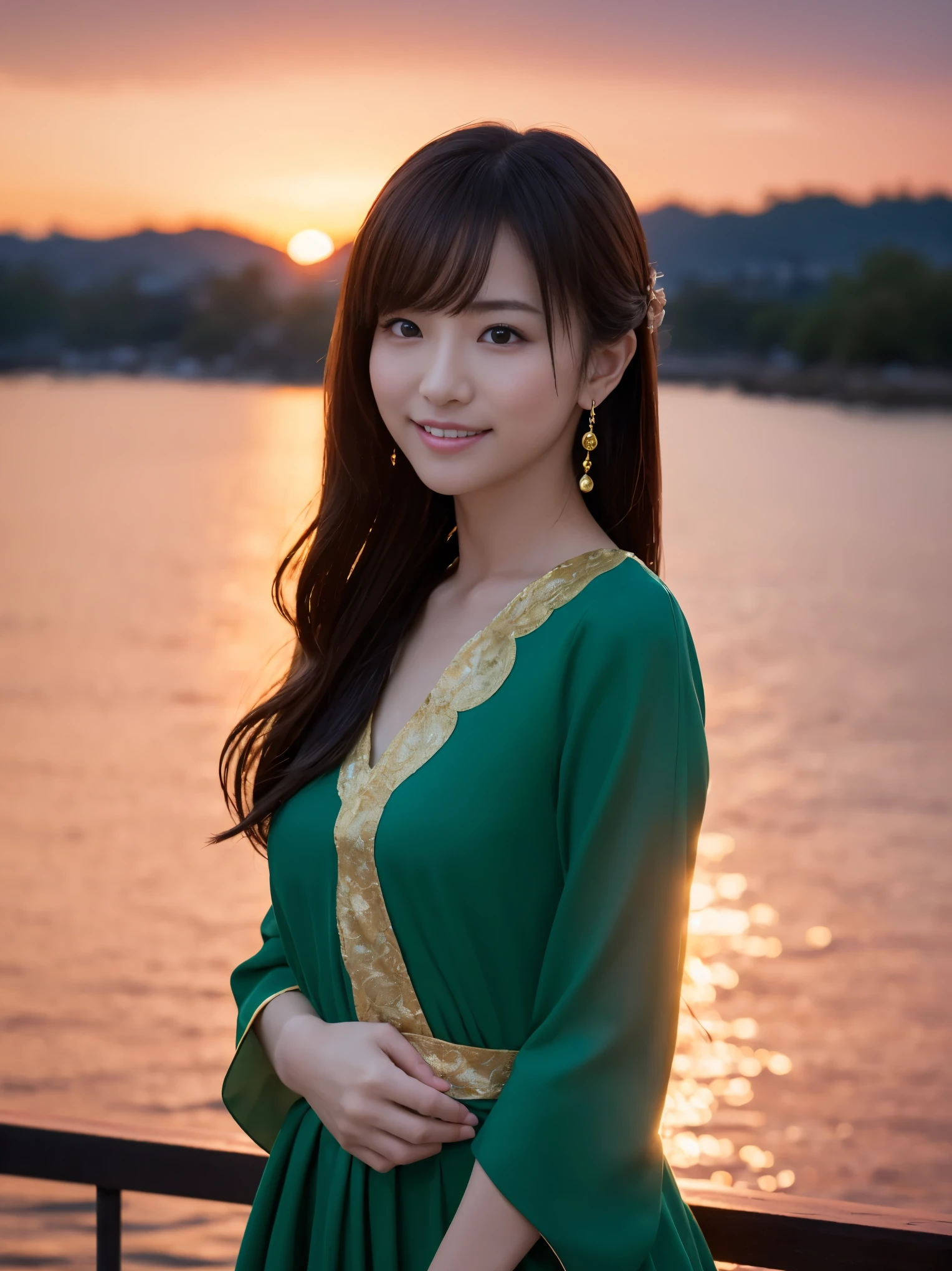 1 girl, (green spring costume:1.2), very beautiful japanese actress,
(RAW photo, highest quality), (realistic, Photoreal:1.4), table top, 
very delicate and beautiful, very detailed, 2k wallpaper, wonderful, 
finely, very detailed CG Unity 8K 壁紙, Super detailed, High resolution, soft light, 
beautiful detailed girl, very detailed目と顔, beautifully detailed nose, finelyて美しい目, cinematic lighting, 
 (sunset on the horizon:1.4), 
waterside view, bright red sunset, Sunset reflected on the surface of the water,
complete anatomy, slender body, small, smile,
pan focus