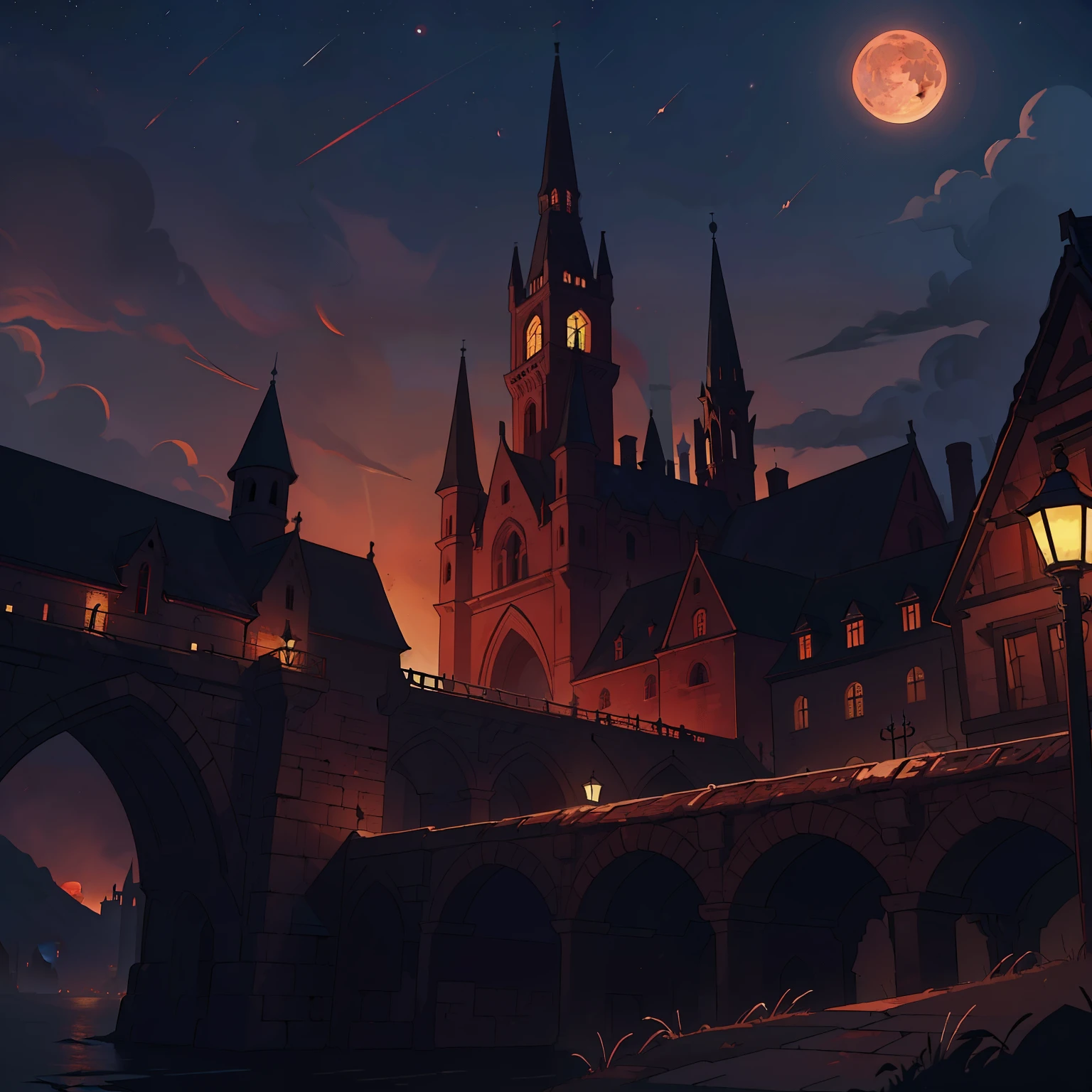 (((masterpiece))), (((best quality))), nightly mood, medieval capital at night, blood moon, medieval city ambience, medieval city background at night, dark red sky, horror mood, 8k, awesome quality